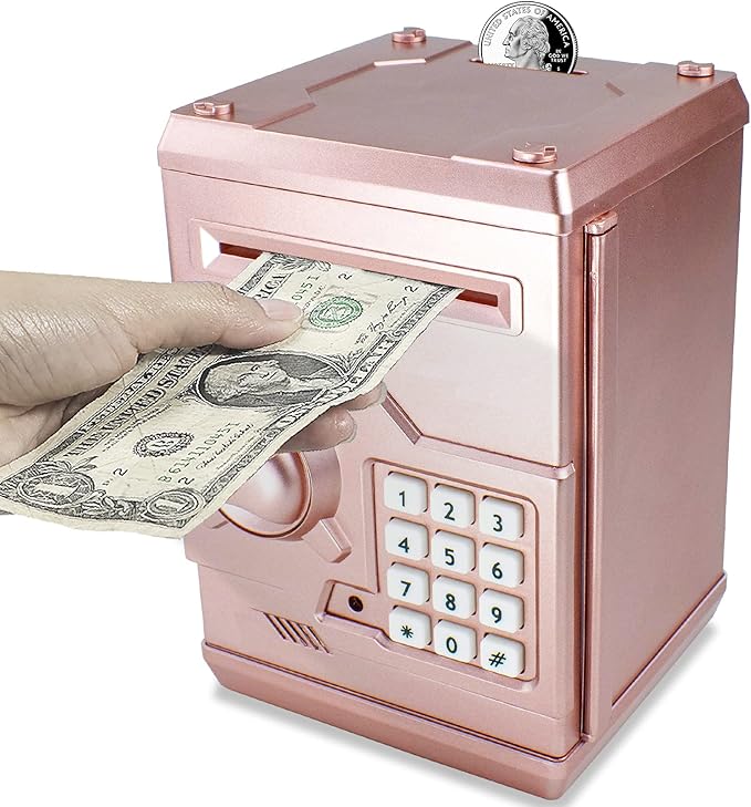 Mini ATM Piggy Bank ATM Machine Best Gift for Kids,Electronic Code Piggy Bank Money Counter Safe Box Coin Bank for Boys Girls Password Lock Case (Rose Gold)