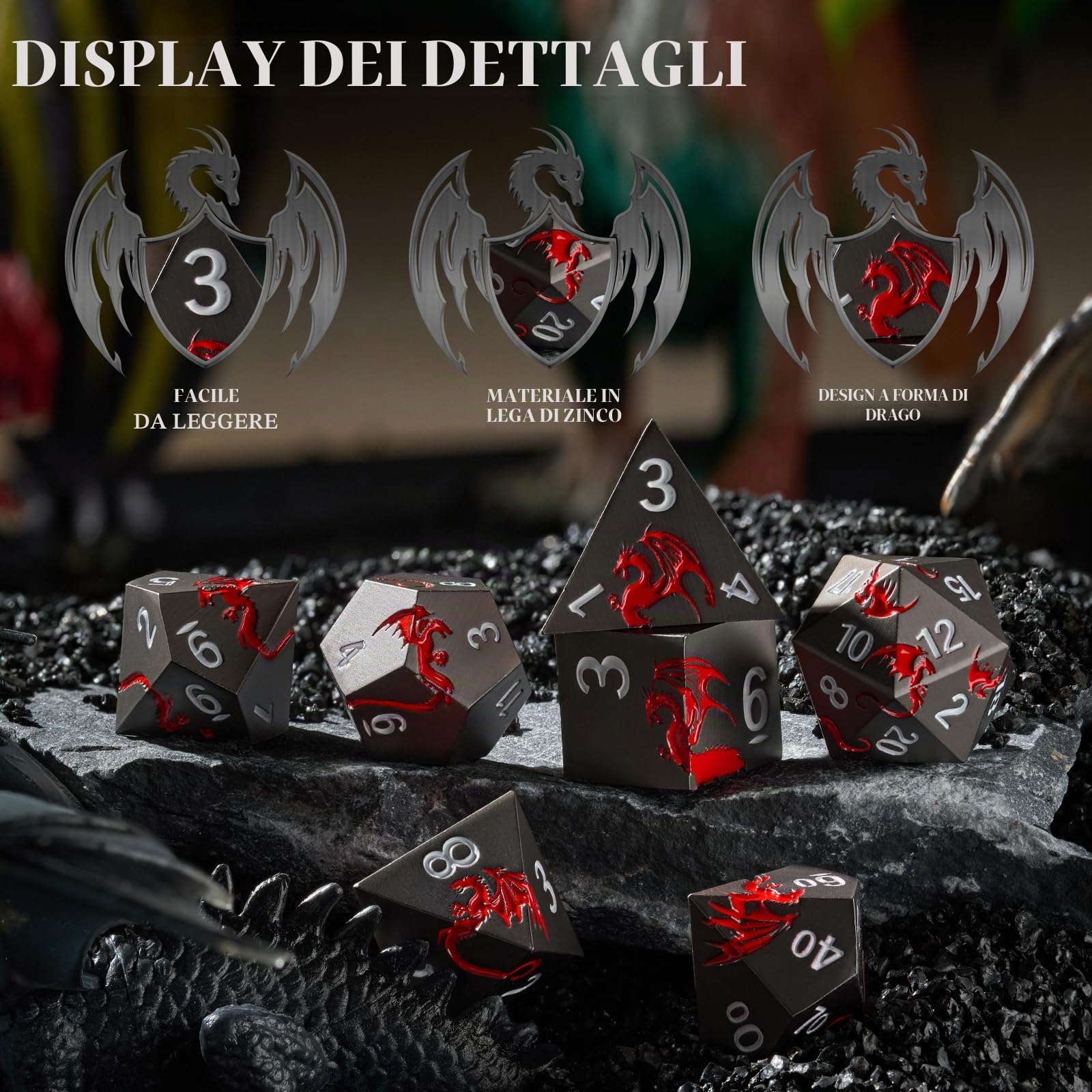 Set di dadi in metallo per DND D&D, per D&D Dungeons and Dragons, TTRPG, dadi in metallo con scatola di dadi a forma di drago (drago nero rosso)