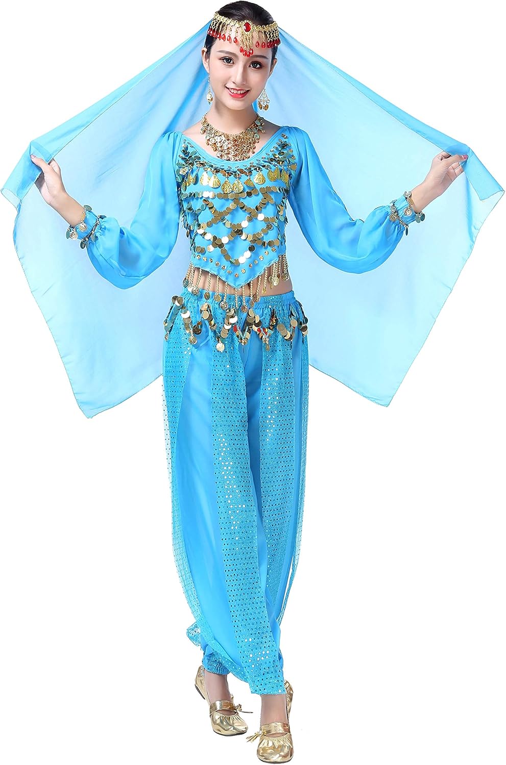 Lauthen.S Women Belly Dance Outfit Coins Top Pants Face Veil Set Halloween Costume - Image 7
