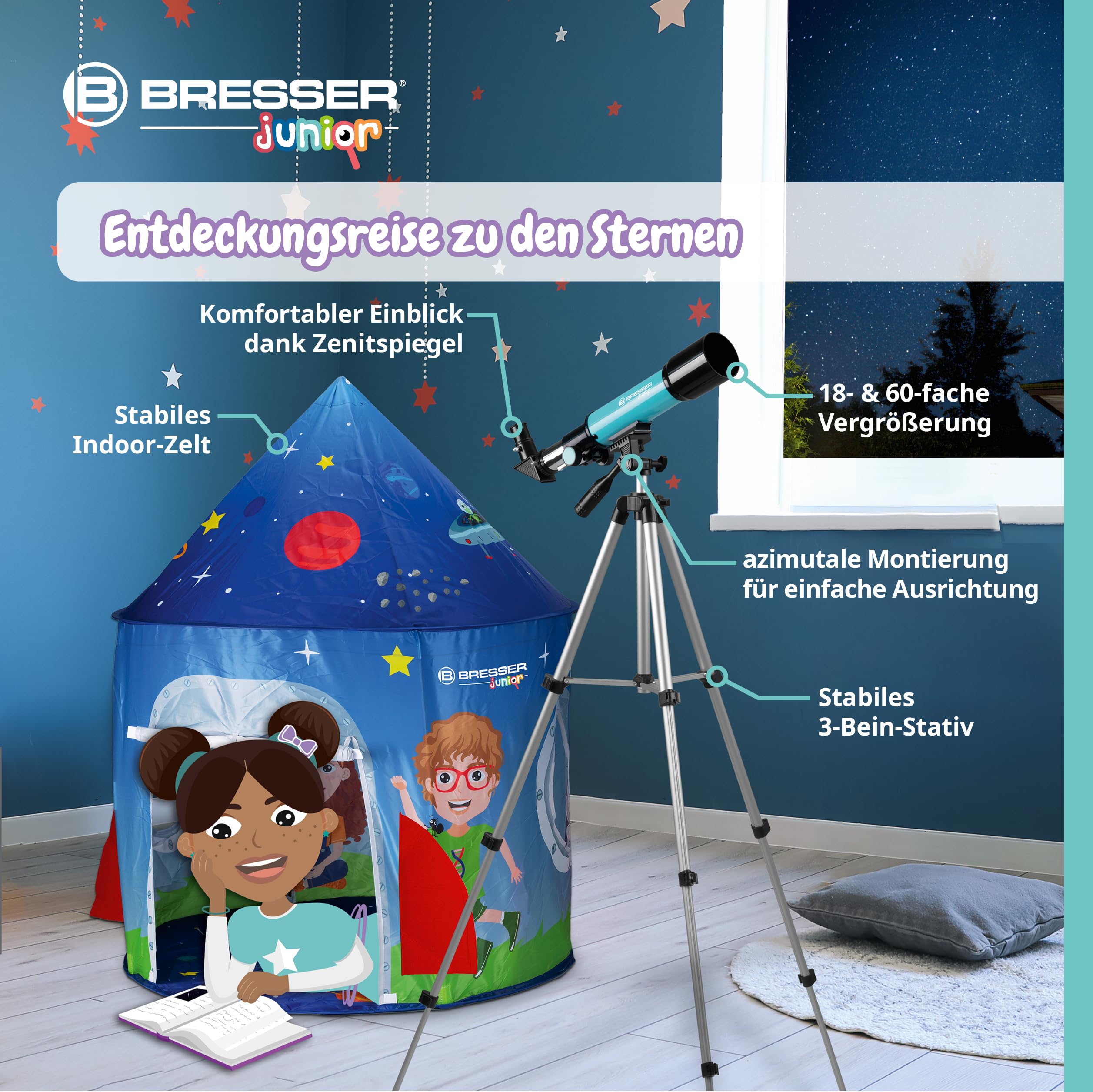 Bresser Junior Linsenteleskop 50/360 für Kinder - Astronomie Einsteigerset mit Zelt, Refraktor Teleskop, Stativ, Azimutale Montierung, Okulare und Zenitspiegel ,blau