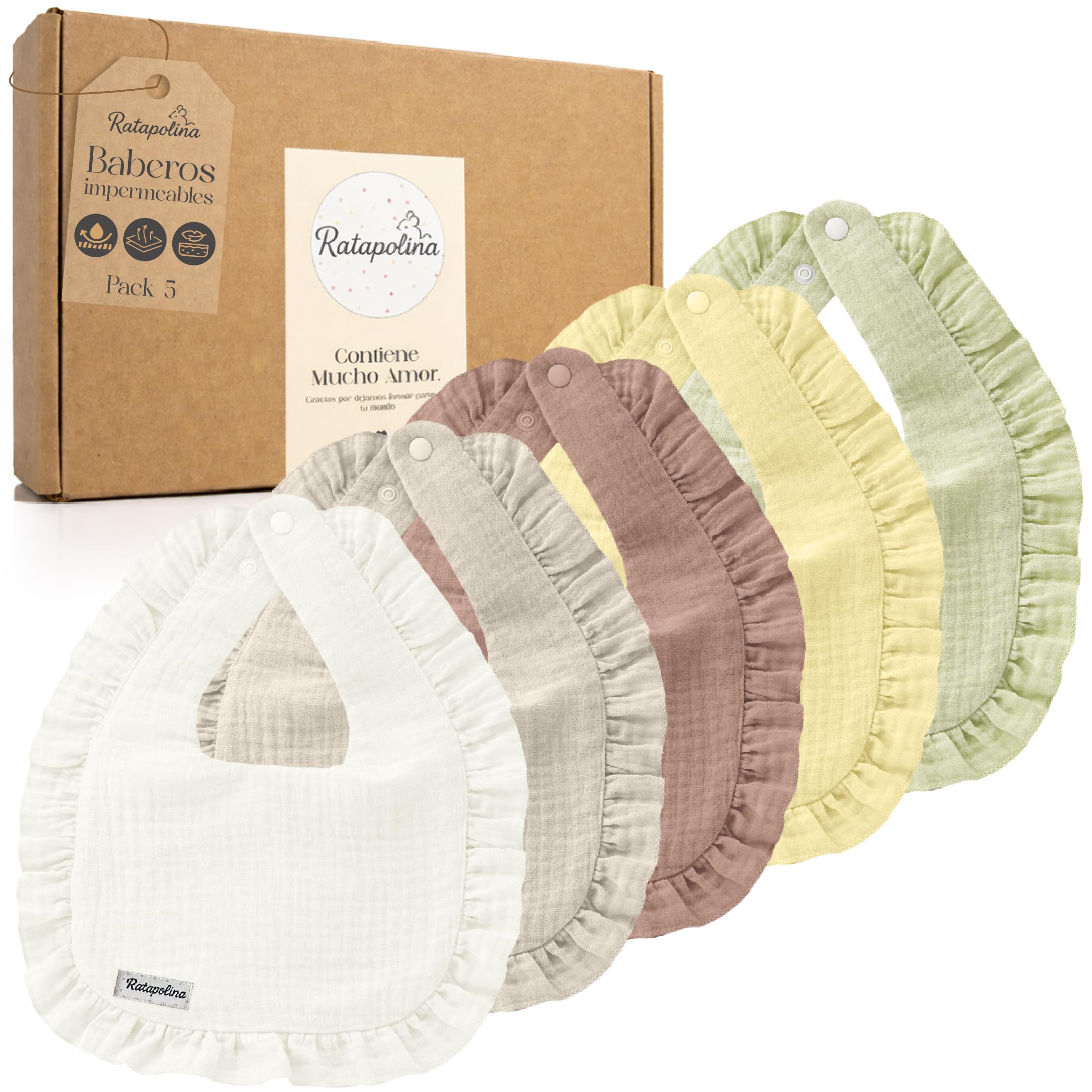 Baberos Bebe Impermeables de Muselina – Pack de 5, Diseño Elegante con Capa Impermeable Interior, Suaves y Resistentes