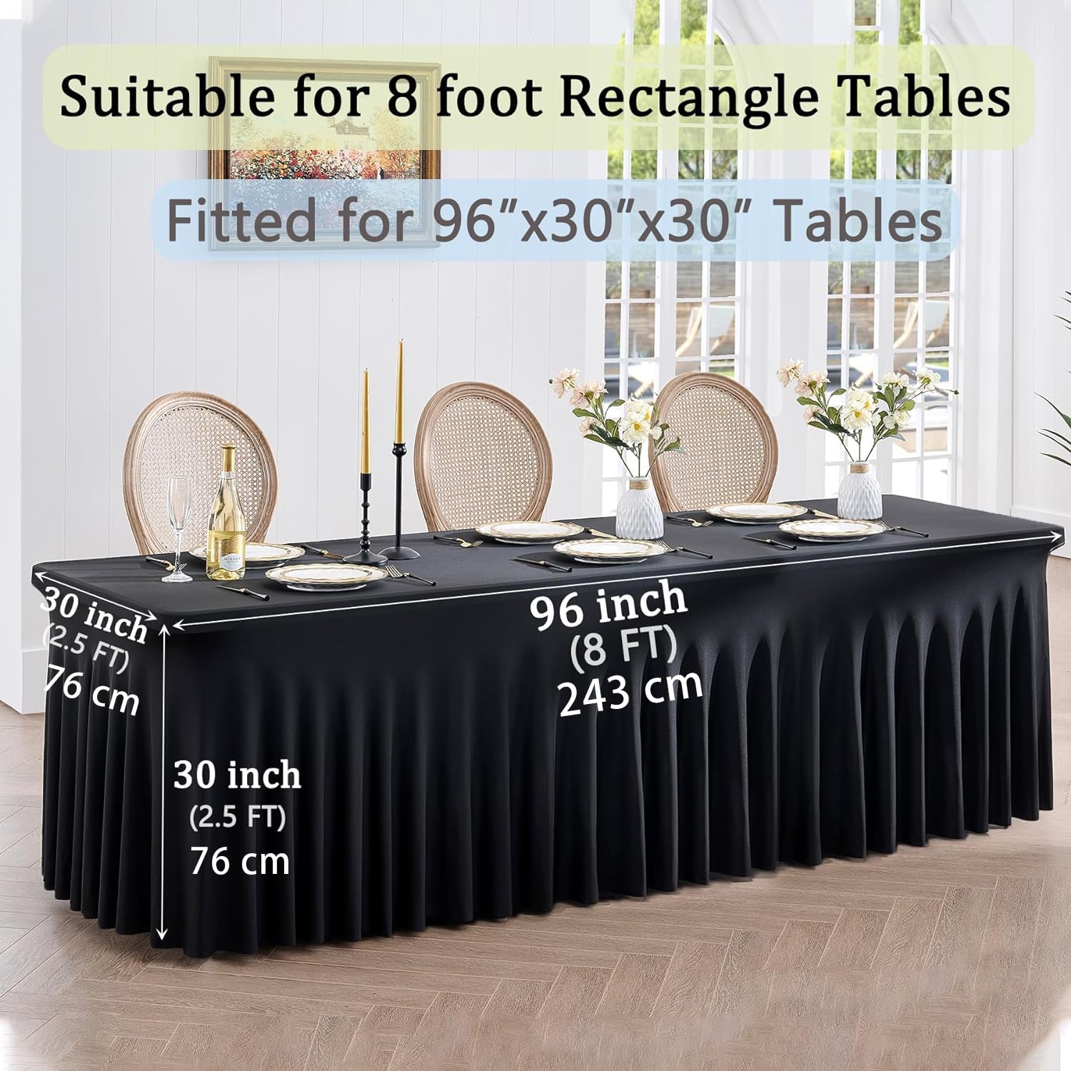 Lot De 2 Nappes De Table Noires Ajustées - Format 241x75 Cm (8 Pieds) - Dos Ouvert Pour Événements, Mariages, Salons - 14