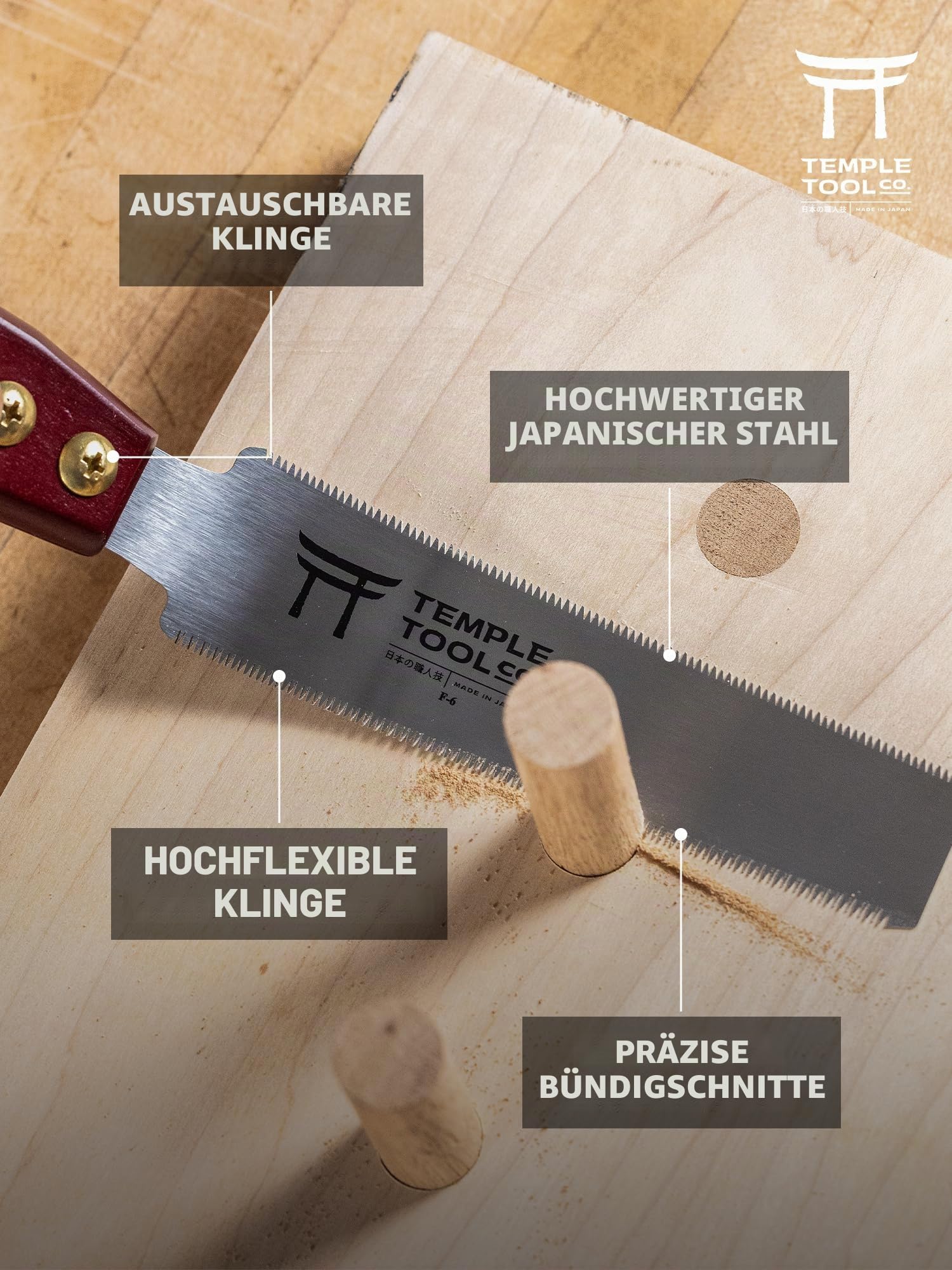 Japanische Bündigschnittsäge - 15,2 cm Doppelkanten-Zugsäge für bündiges Schneiden von Dübeln, Heringen, Keilen - Hartholz Weichholz Handsäge - Kleine Holzsäge - Temple Tool Co.