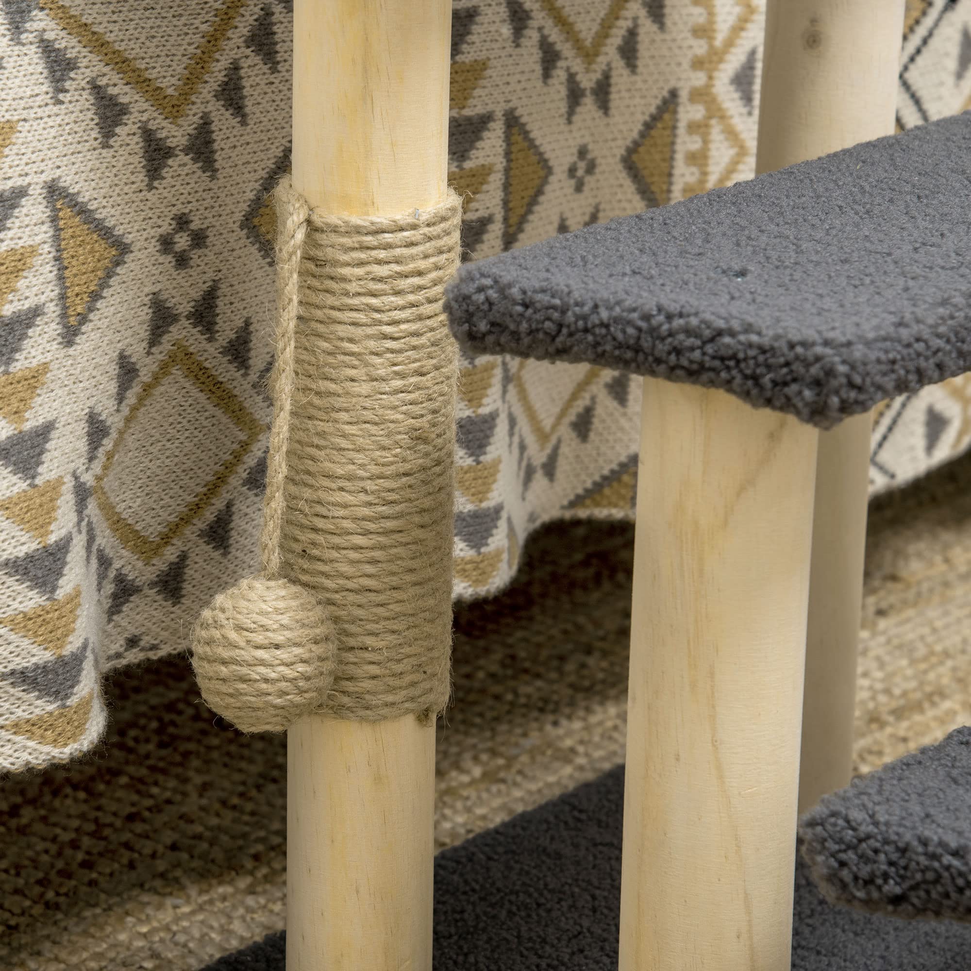 PawHut Katzentreppe 3-stufige Tiertreppe, 48 cm Haustiertreppe mit Sisalsäule, Hundetreppe mit Spielball, Einstieghilfe für hohe Betten, Kiefernholz, Grau+Natur