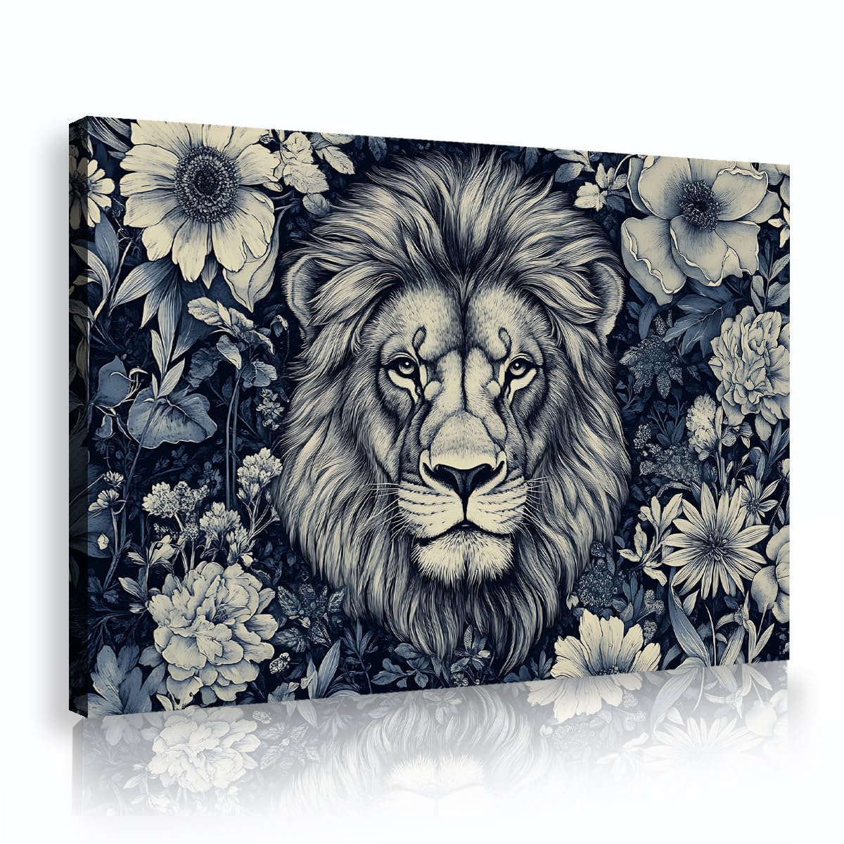 Arte mural León floral en lienzo Azul oscuro Decoración botánica 65x100cm