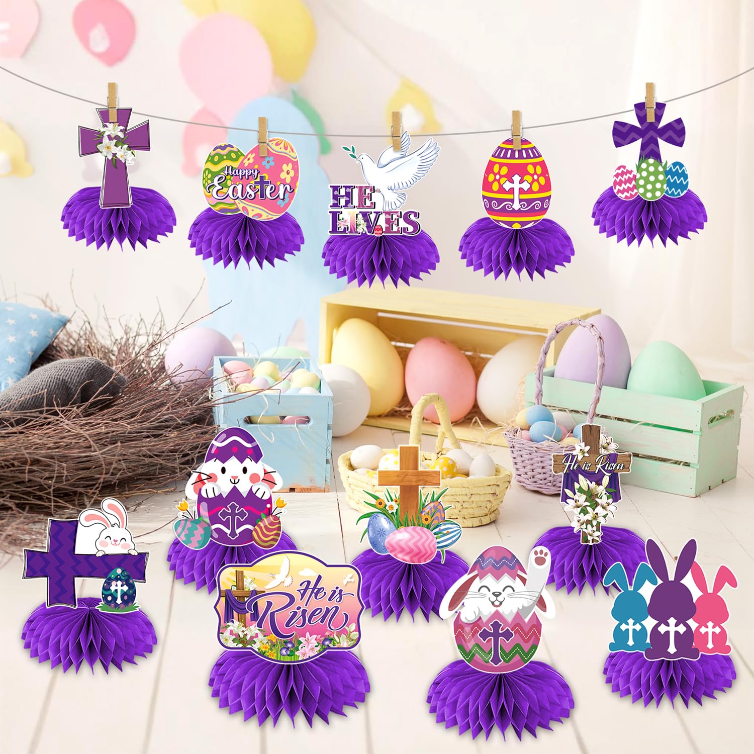 12 Pcs Easter Decorations Honeycomb Centerpiece, He is Risen Decorations Easter Table Decorations Centerpieces, Purple Easter Party Decorations Religious Easter Decorations for Table