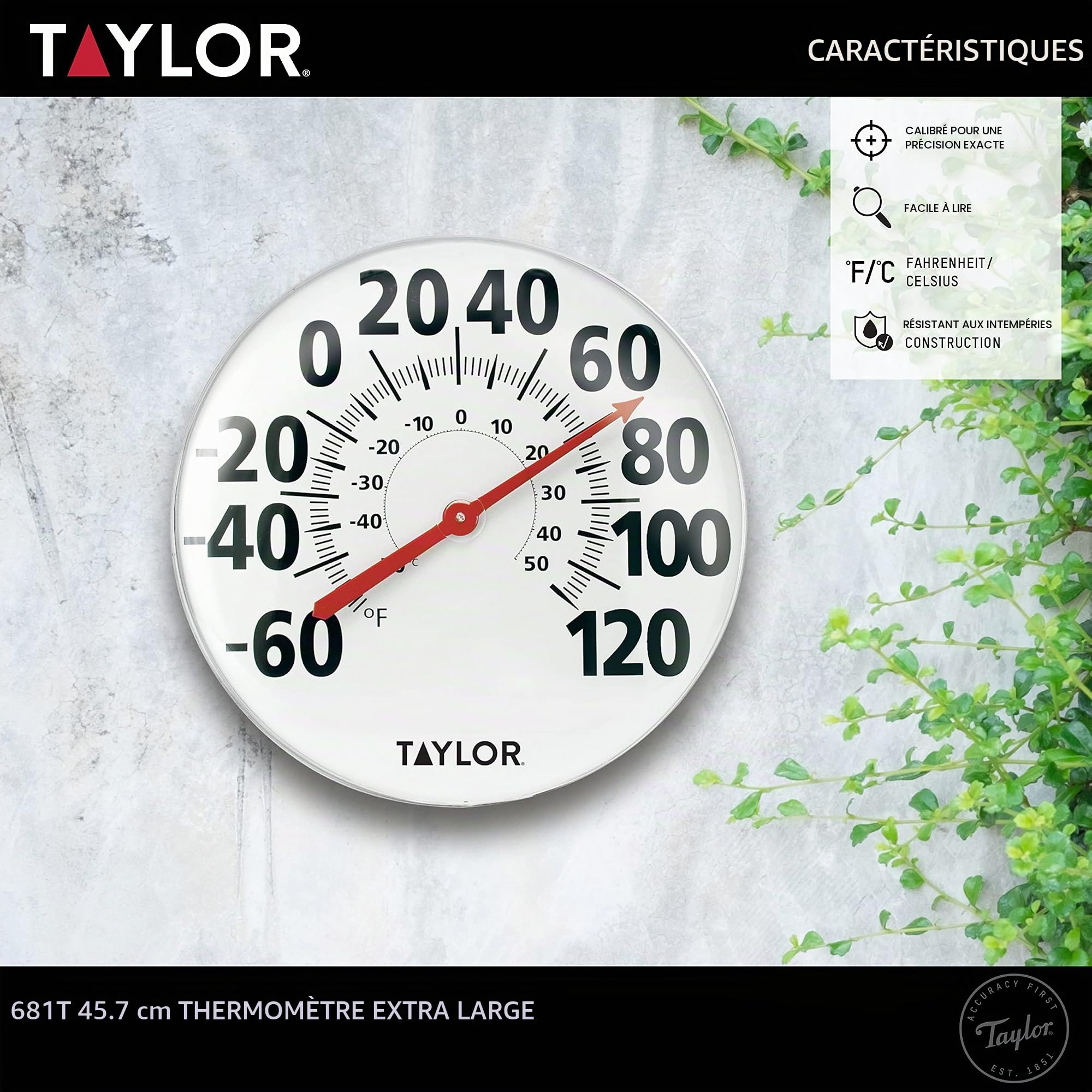 Taylor Thermomètre mural extra large en métal pour intérieur et extérieur, chiffres faciles à lire pour terrasse, piscine et zones intérieures, 45,7 cm, blanc