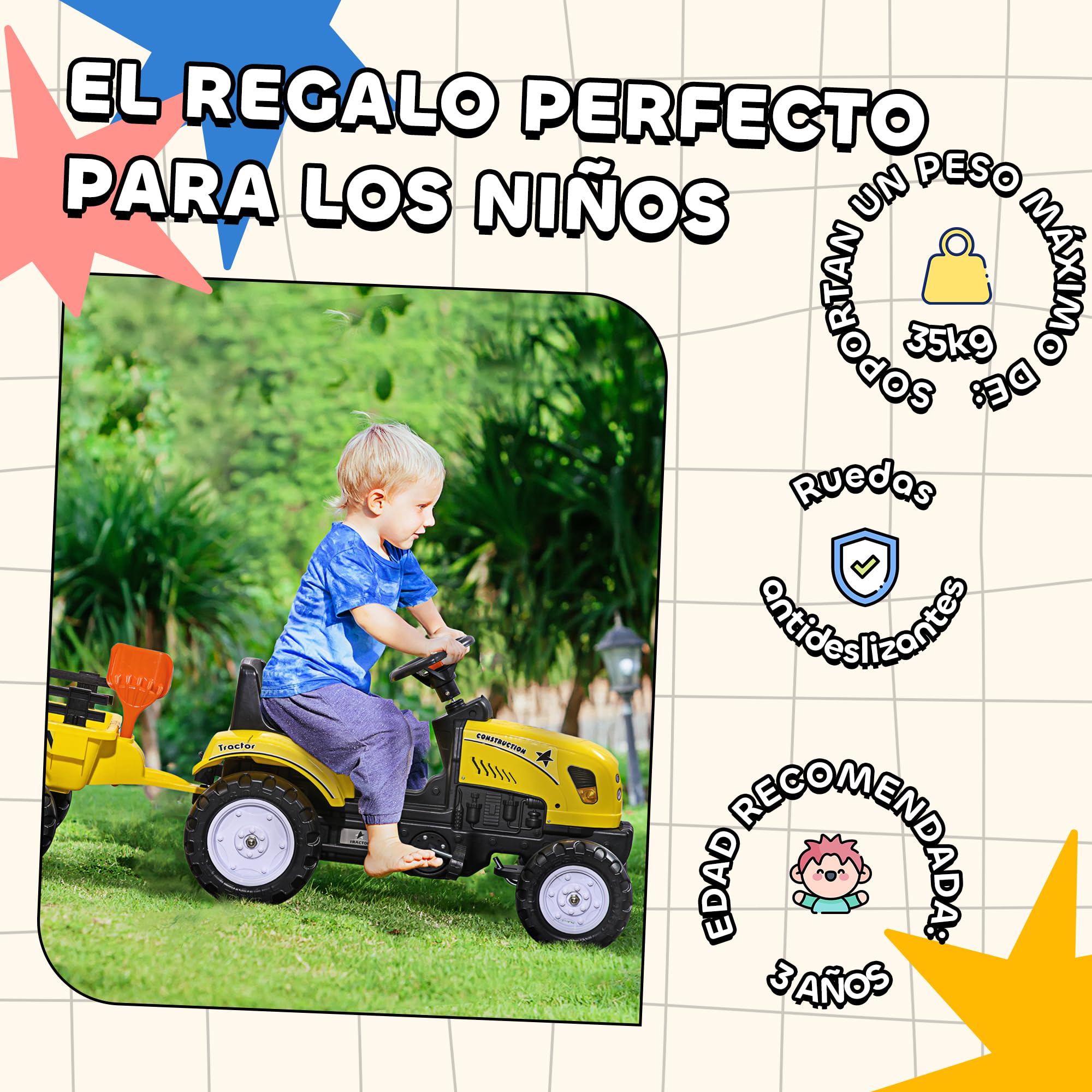 HOMCOM Tractor a Pedales para Niños de 3 Años con Remolque Juguete de Montar Coche de Pedales Carga 35 kg 133x42x51 cm Amarillo