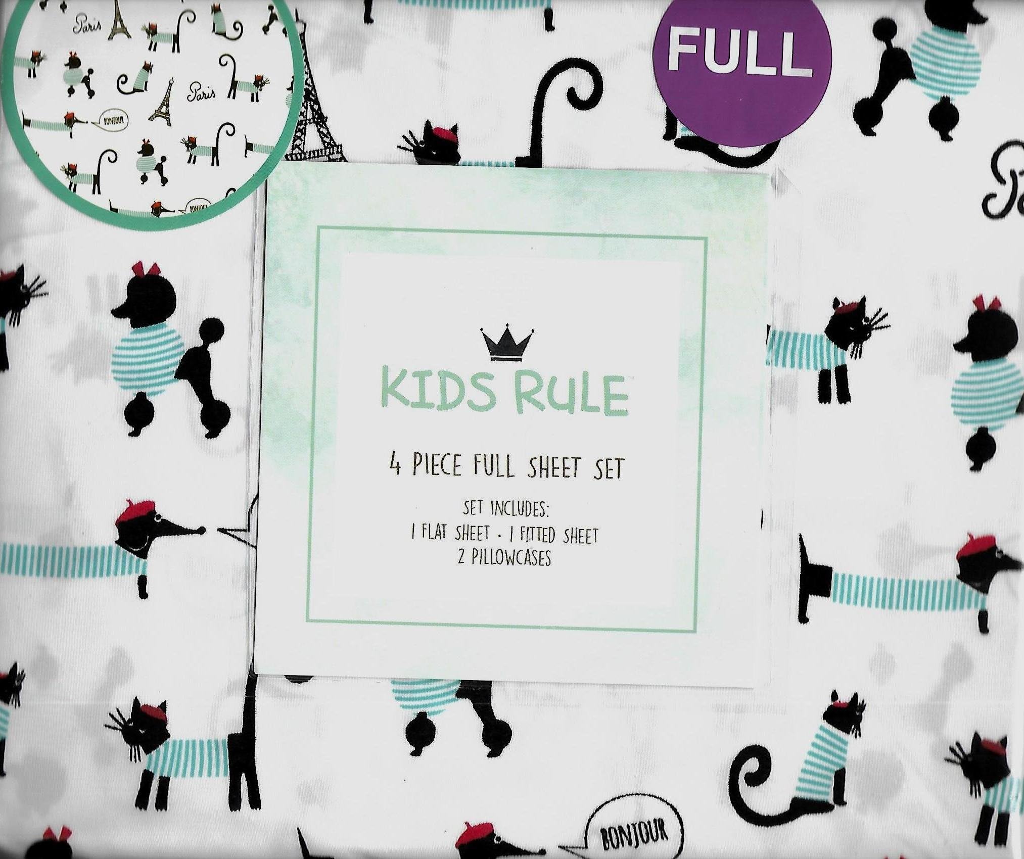 Kids Rule Paris Poodles and Kittens White 4 Piece Full Sheet Set Bonjour Eiffel Tower French Poodle French Dogs and Cats