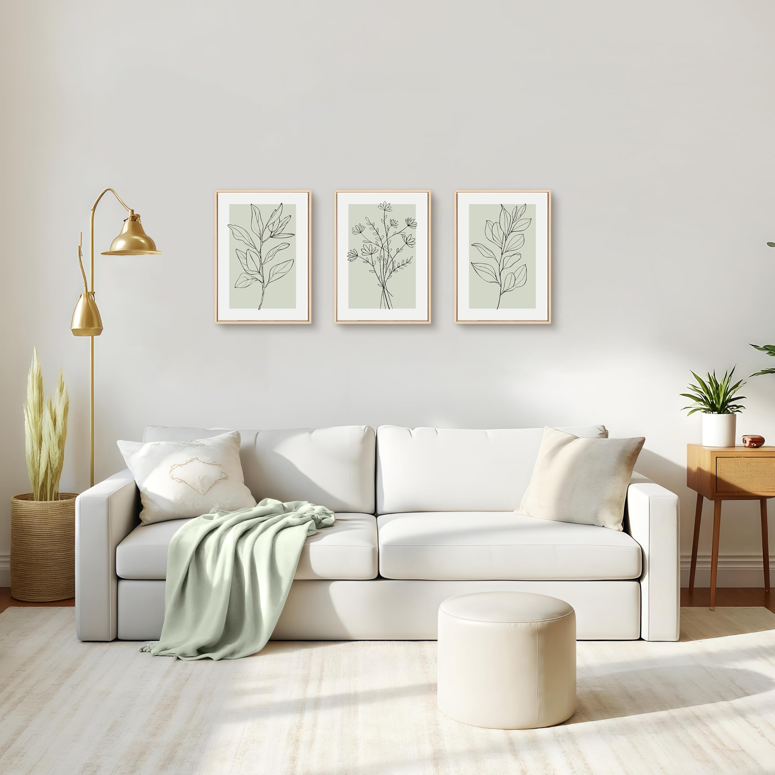 WENGTIAO Leinwand Bilder mit Rahmen, Boho Abstrakte Botanik Wandbilder | Salbeigrün Schwarz Neutrale Abstrakte Pflanzen Kunstdrucke auf Leinwand für Modern Wohnzimmer Schlafzimmer Wanddeko 30x40cmx3