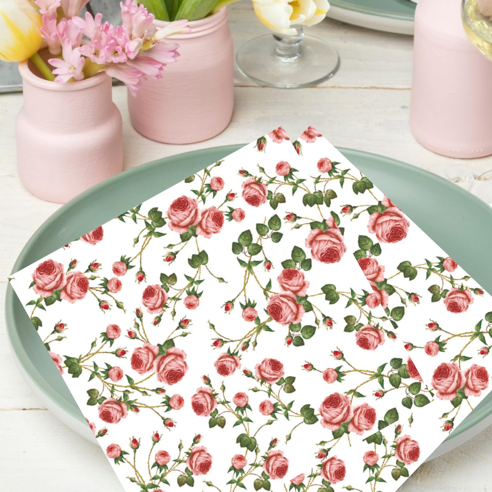 Keep Unique 20-ct 13x13 Flowers Paper Luncheon Decoupage Napkins, 3-Ply Servilletas Printed Flower Rose Pattern Cocktail Napkin for Art, Dinner and Party, Disposable Napkins Decorative