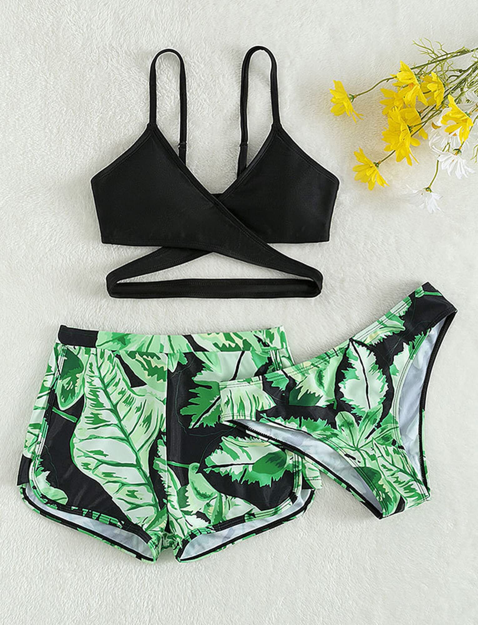 Maeau Maillot de Bain Trois Pièces Fille, Ensemble de Plage Imprimée/Tie Dye Enfant, Bikini Haut+Bikini Short+Short/Jupe Couverte, Costume de Bain et Plage, 8-14 Ans/130-160cm