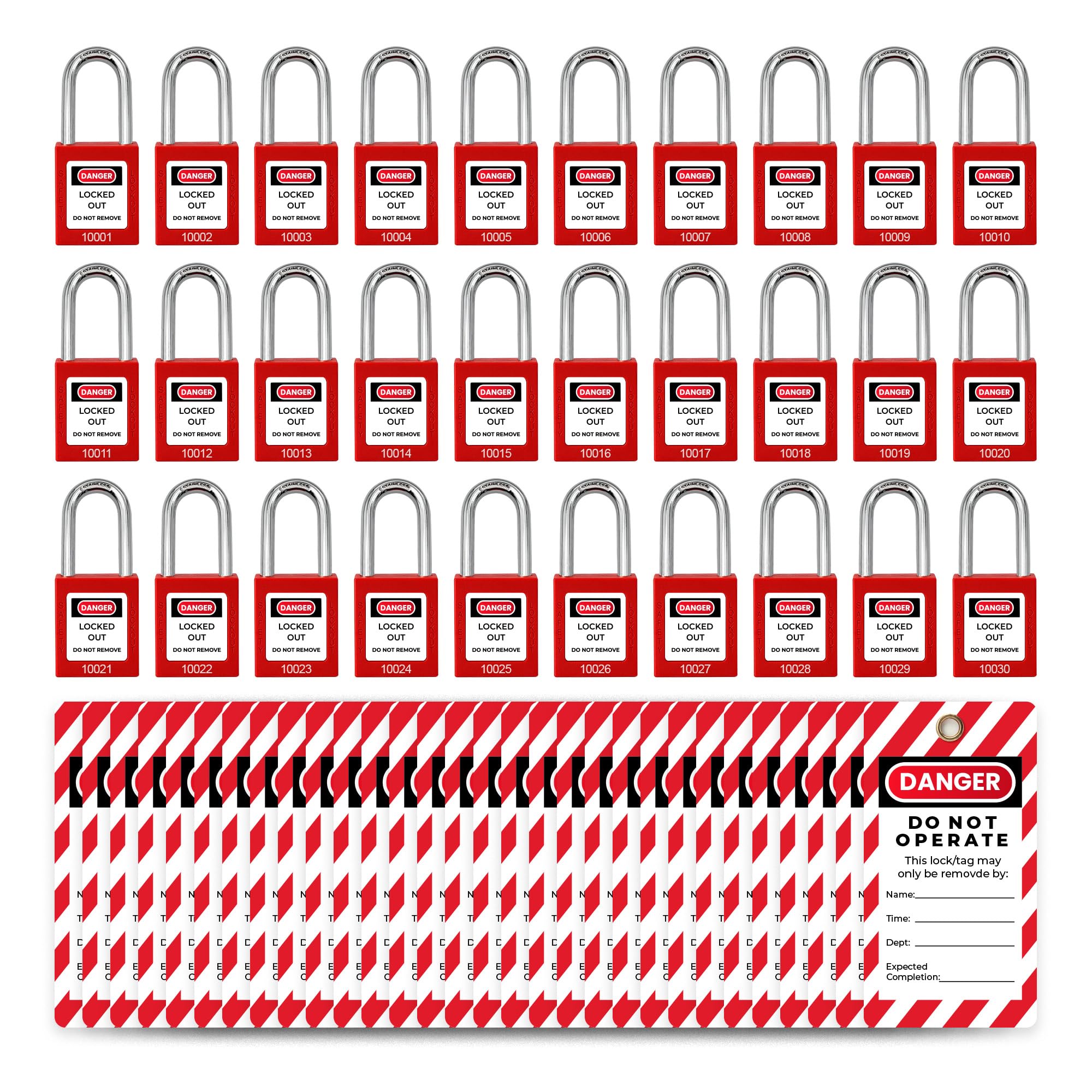 30 cerraduras rojas con 30 etiquetas de bloqueo, con llave diferente, cerraduras de seguridad compatibles con OSHA (rojo, llave diferente)