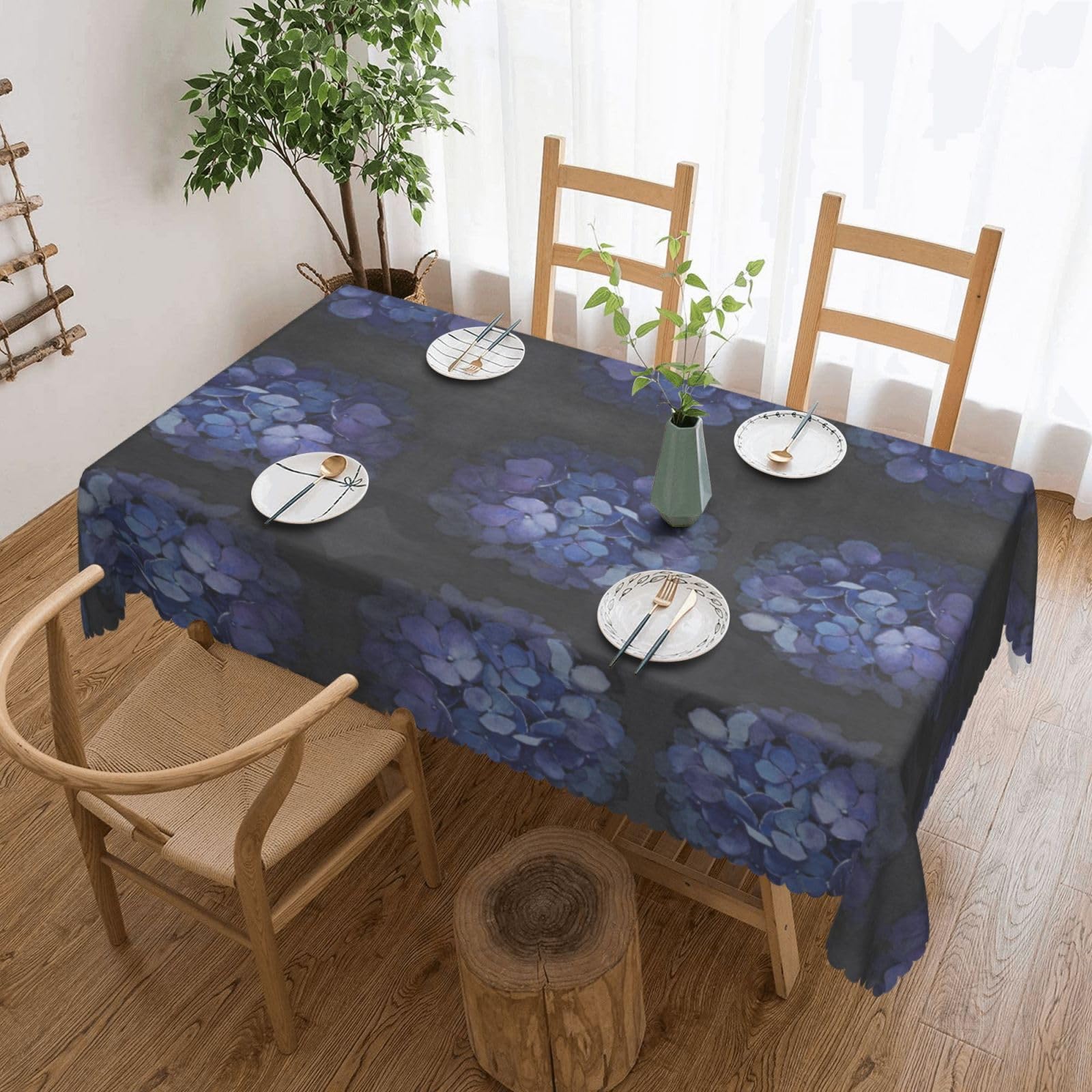 CNTDBU Dark Blue Bloom Scalloped Edge Tablecloth 54x72-Waterproof Stain Resistant Wrinkle Free Cover, Square Table Cloth for Dining Party