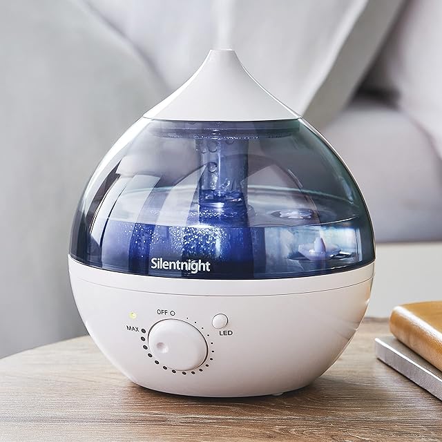 Silentnight 37719 1L Dew Drop Humidifier/Aroma Diffuser/Night Light Function/Quiet and Compact / 18 Mist Output Levels, 20 W, White, Blue