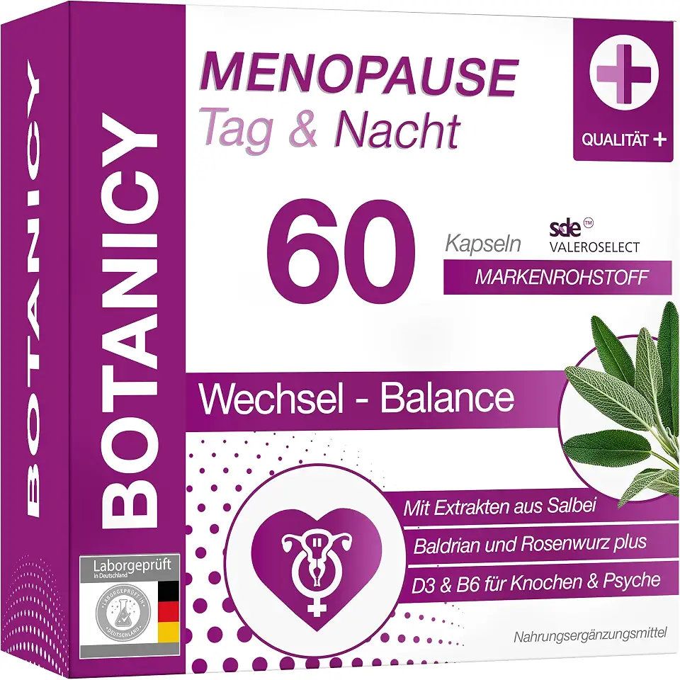 Botanicy MENOPAUSE TAG & NACHT - Gegen Wechseljahre Symptome - Doppel Komplex Morgen & Abend, mit Salbei & Baldrian - Pflanzenextrakte & Vitamine - Natürlich, Hormonfrei, Vegan - 60 Menopause Kapseln