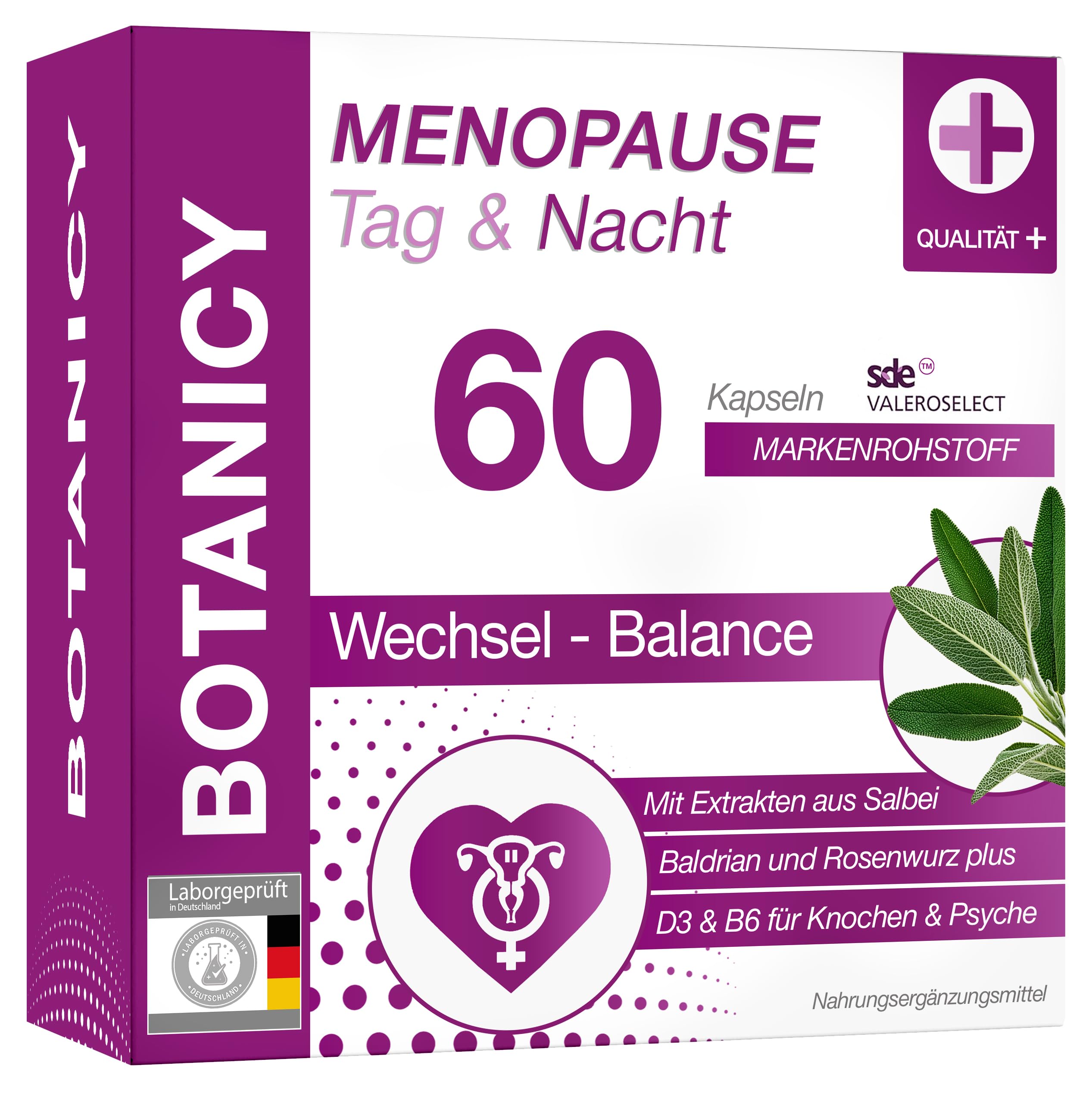 Botanicy MENOPAUSE TAG & NACHT - Gegen Wechseljahre Symptome - Doppel Komplex Morgen & Abend, mit Salbei & Baldrian - Pflanzenextrakte & Vitamine - Natürlich, Hormonfrei, Vegan - 60 Menopause Kapseln