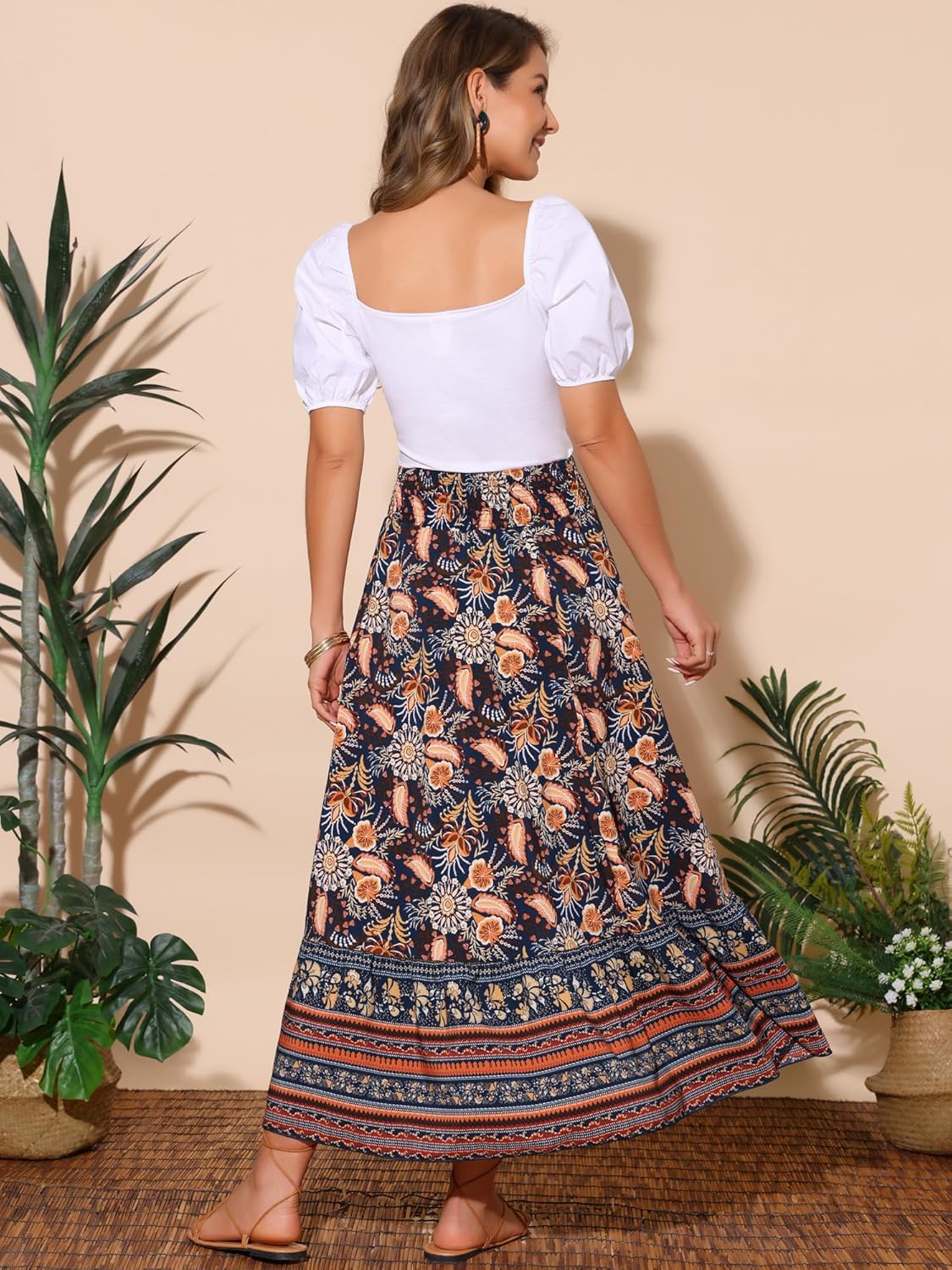 Seta T Women's Bohemian Long Skirts High Waist A Line Maxi Skirts Flowy Vacation Floral Summer Skirt - Image 6