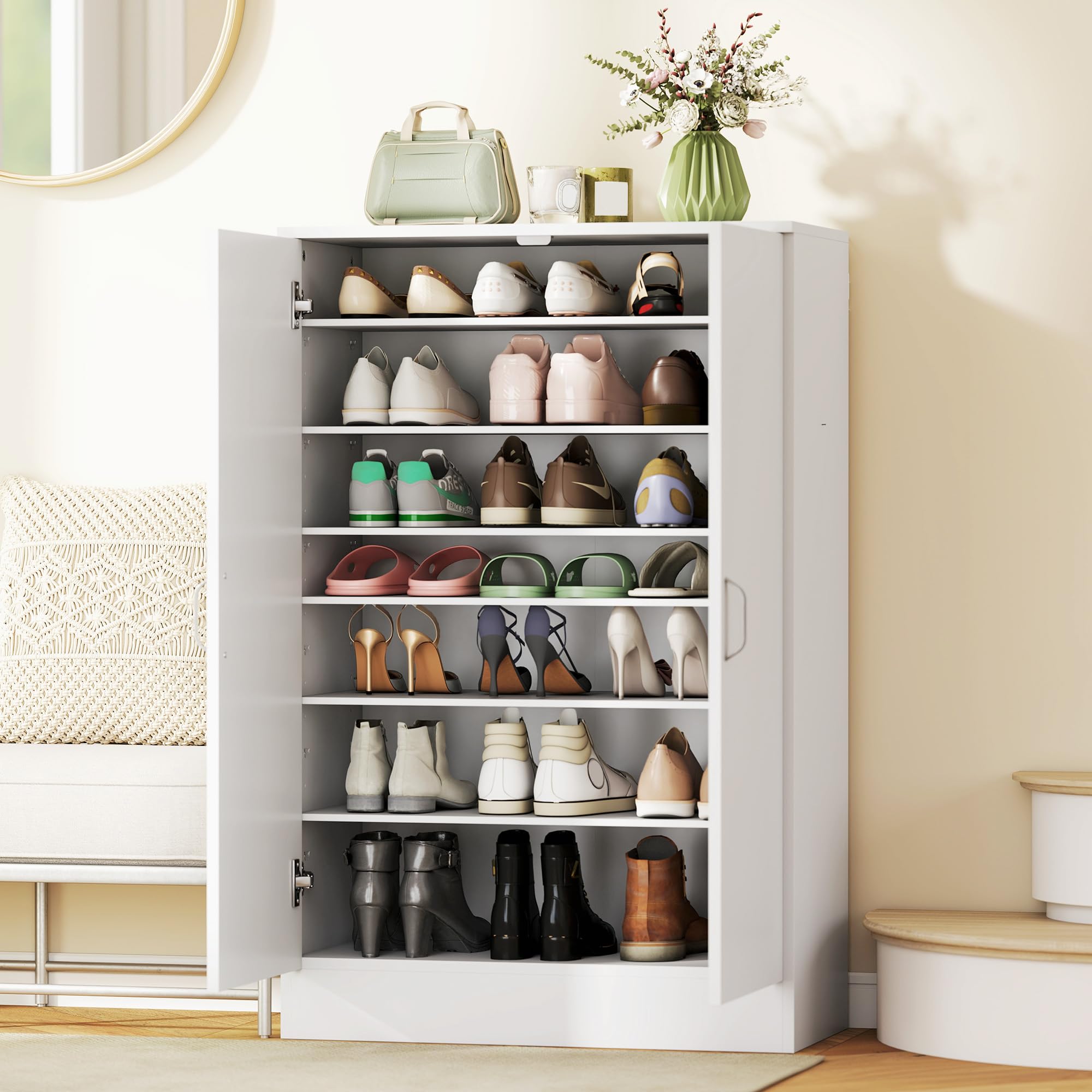HOMCOM Schuhschrank mit 2 Türen, Schuhregal, Schuhaufbewahrung mit 6 Verstellbaren Ablagen Schuhkommode mit Soft-Close-Funktion für 21 Paar Schuhe 70 x 35 x 108 cm, Weiß