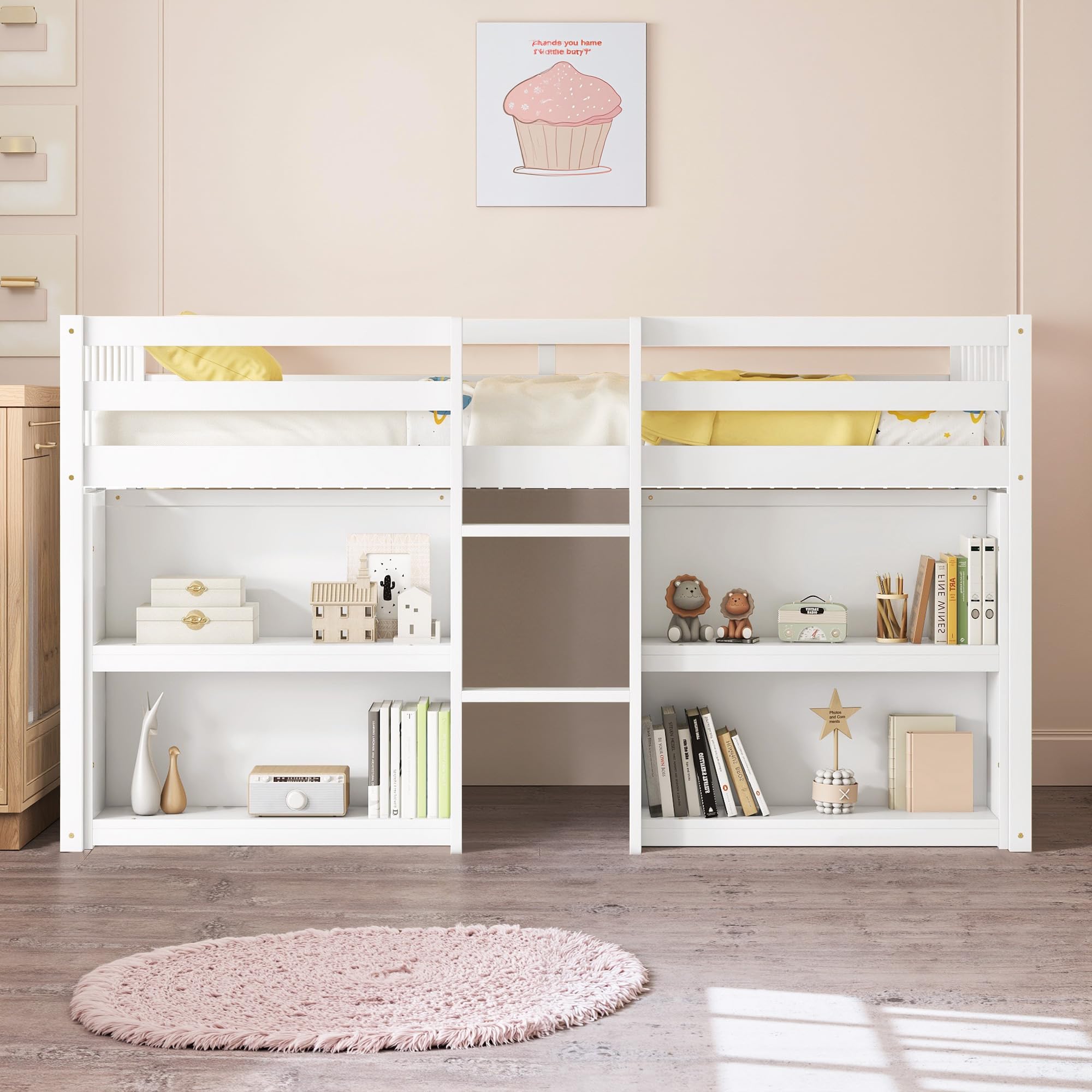 Osparple Twin Size Low Loft Bed, Kids Loft Beds with Stairs and Storage, Wood Beds Frames with Two-Tier Shelves and LED Light for Teens, Girls or Boys, White