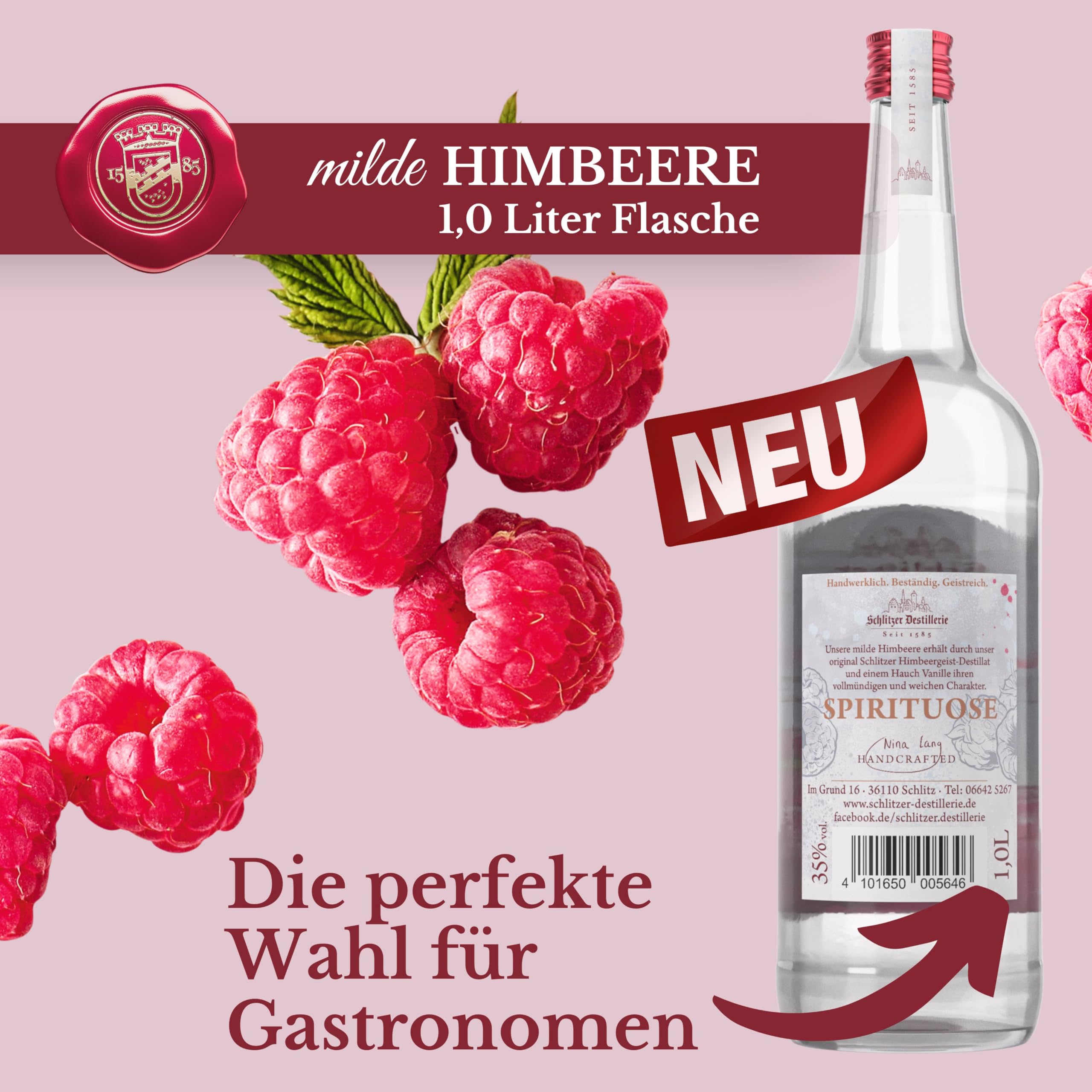 Schlitzer Milde Himbeere 1L, 35% Vol., fruchtige Himbeer Spirituose mit feiner Vanillenote, mild und harmonisch, ideal pur, für Cocktails und Desserts