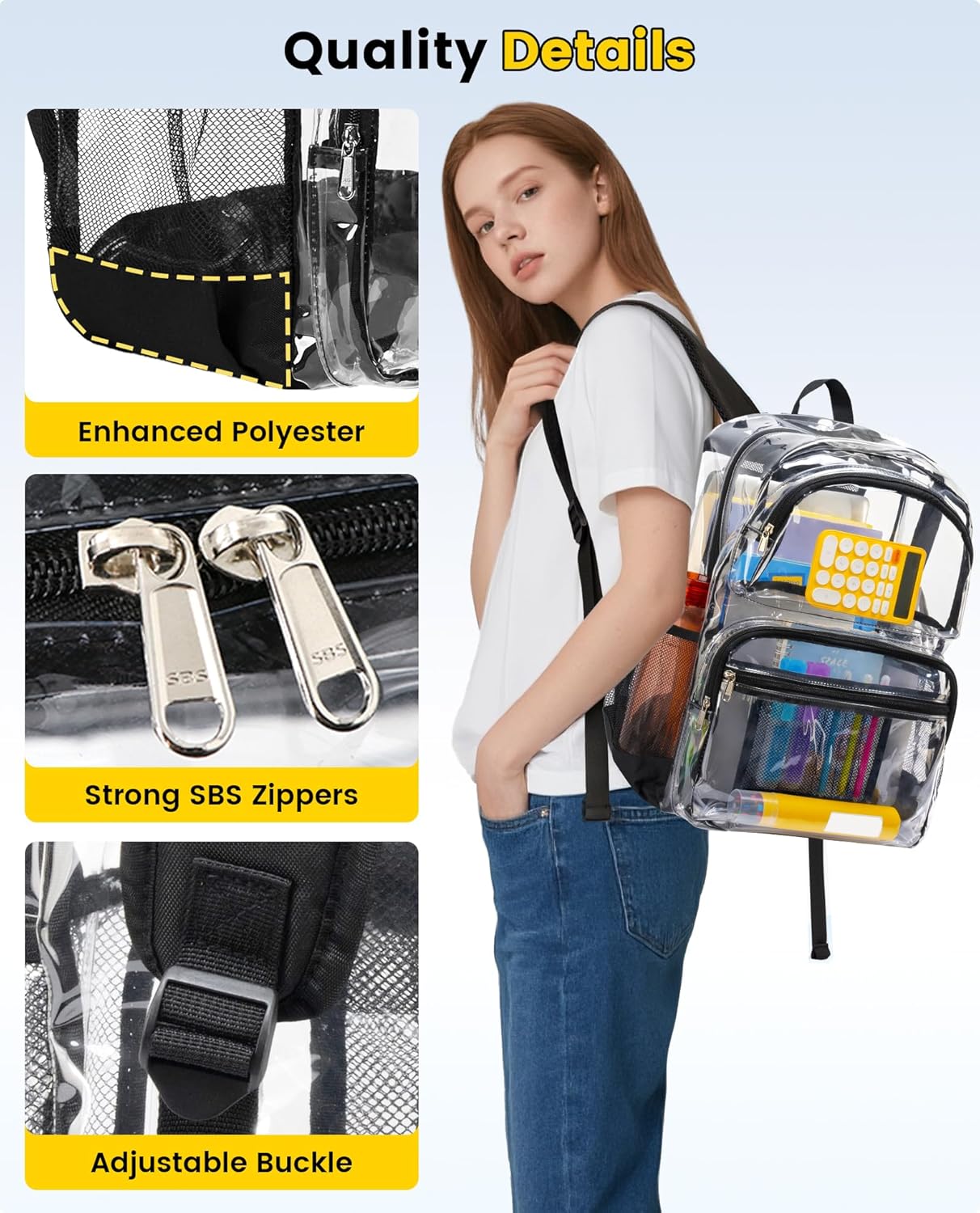Vorspack Clear Backpack for School - Heavy Duty See Through Bookbag for Girls Boys Extra Large Transparent Backpacks for Work, Travel - Black