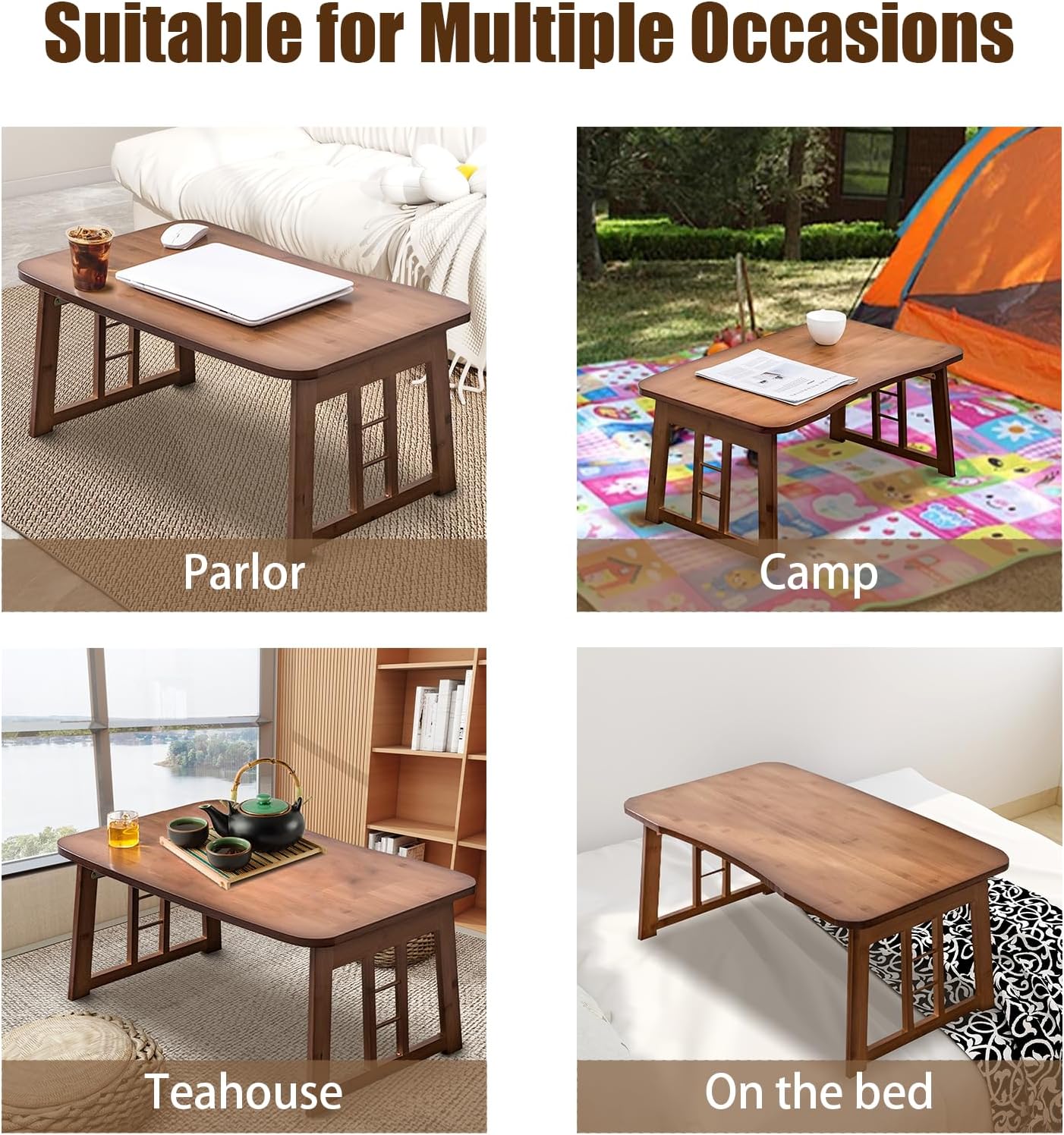 Foldable Coffee Table Bamboo Low Folding Table Small Floor Desk No Assembly Required for The Floating Window Tatami Tea Room Balcony Living Room Outdoor