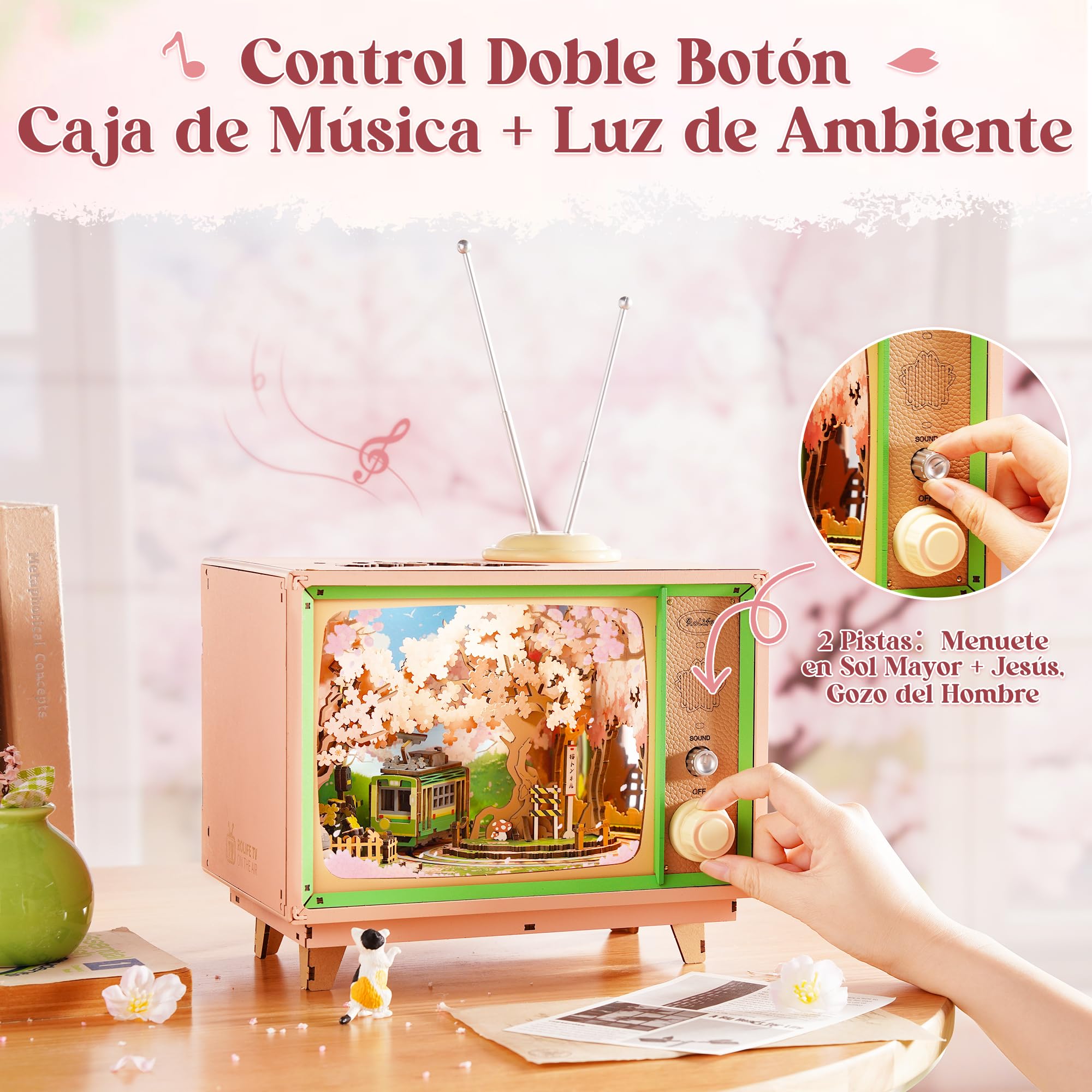 Rolife Puzzle 3D Anime rolife Sakura Tranvía Decor TV, Puzzle Madera 263 Piezas – maqueta para Construir Adultos con Tranvía Móvil & LED, Cerezo en Flor/Cherry Blossom, Regalo para Hogar
