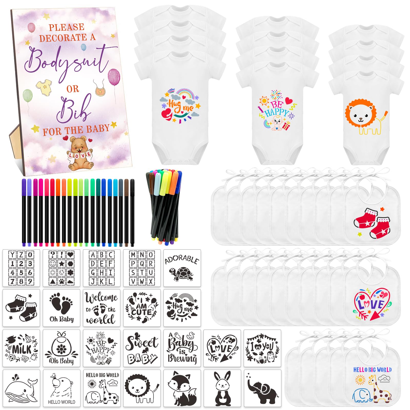 SytuHete 82 Pcs Baby Bib Bodysuit Baby Shower Set Baby Shower Game Sign Baby Feeder Bib Newborn Bodysuit Fabric Marker