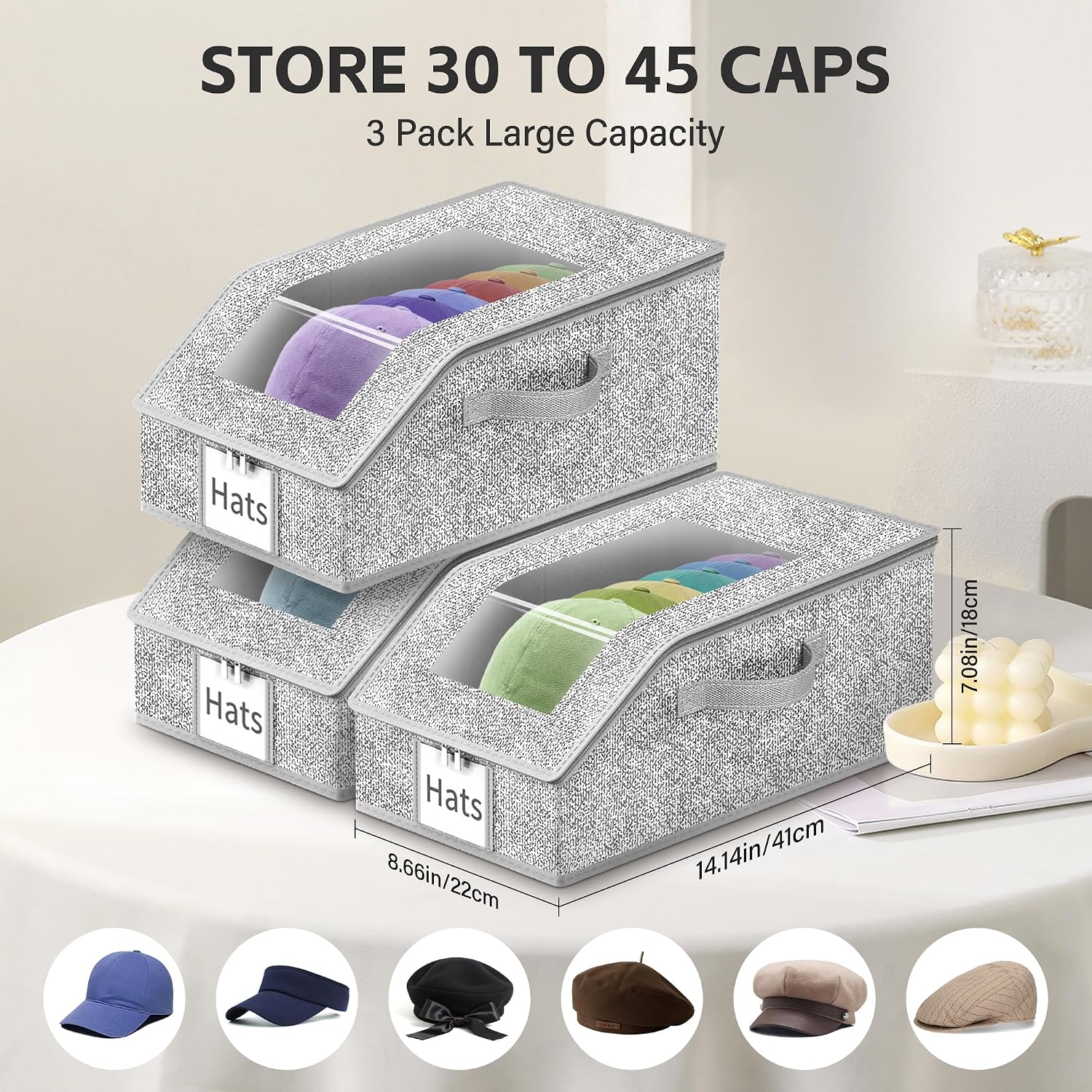 Hat Organizer for Baseball Caps, 3 Pack, Holds up to 45 Caps