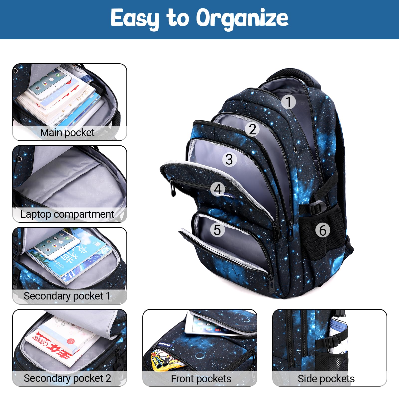 Amythe Mochilas Escolares para Niños Adolescentes 3 Pcs Mochila con Ruedas Grande, Carro para Mochilas 6 Ruedas para Viajes y Escuela, Sets de Mochila Trolley, 32x19x48cm, Azul