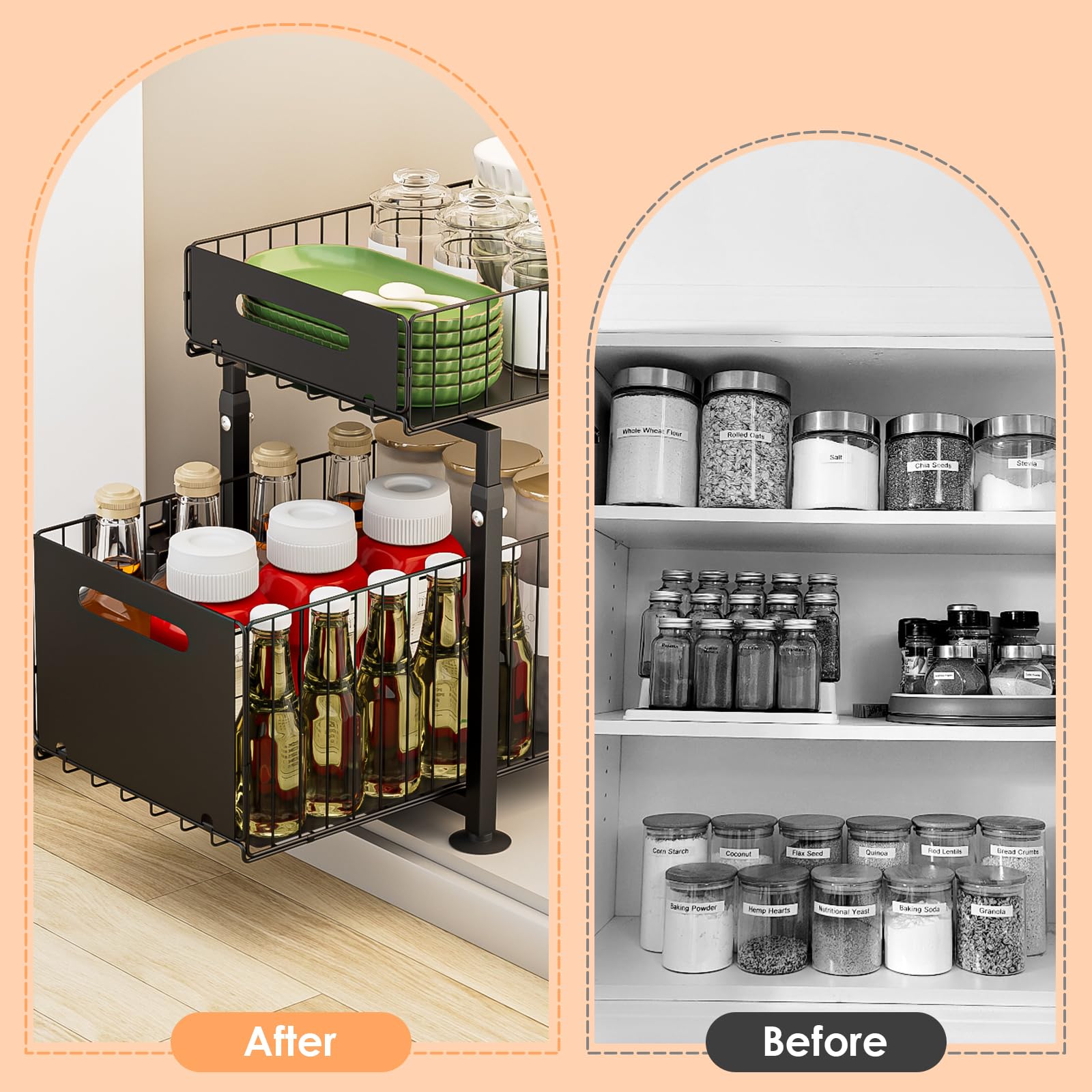 Dreamhigh® Küchenschrank Organizer Ausziehbar, Unterschrank Organizer mit Doppelschicht Teleskopschublade, Base Cabinet Organiser Küche Ausziehbar Höhenverstellbar, für Spüle & Bad (Schwarz)