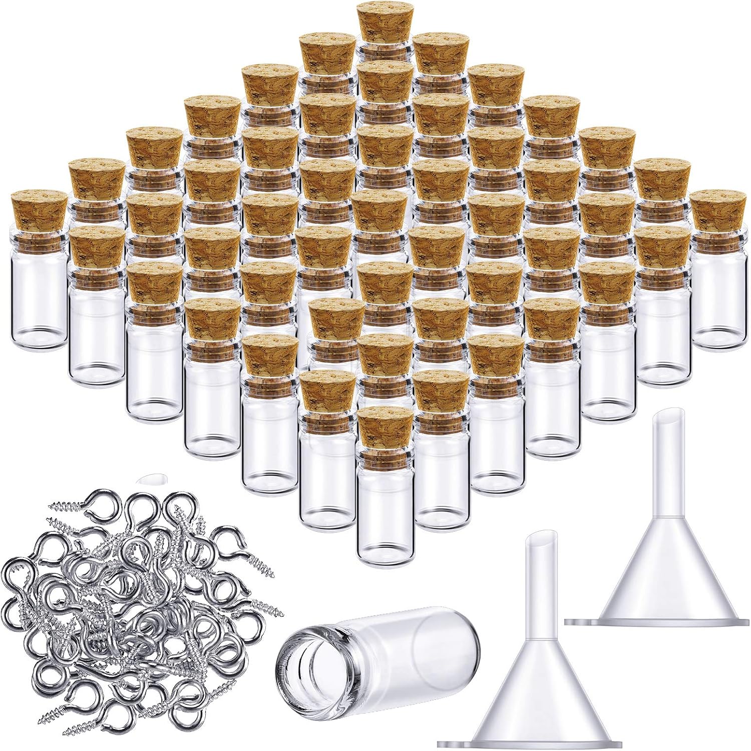 Yungyan 50 Pcs Mini Glass Bottles with Corks, Eye Screws, Funnels, 2ml