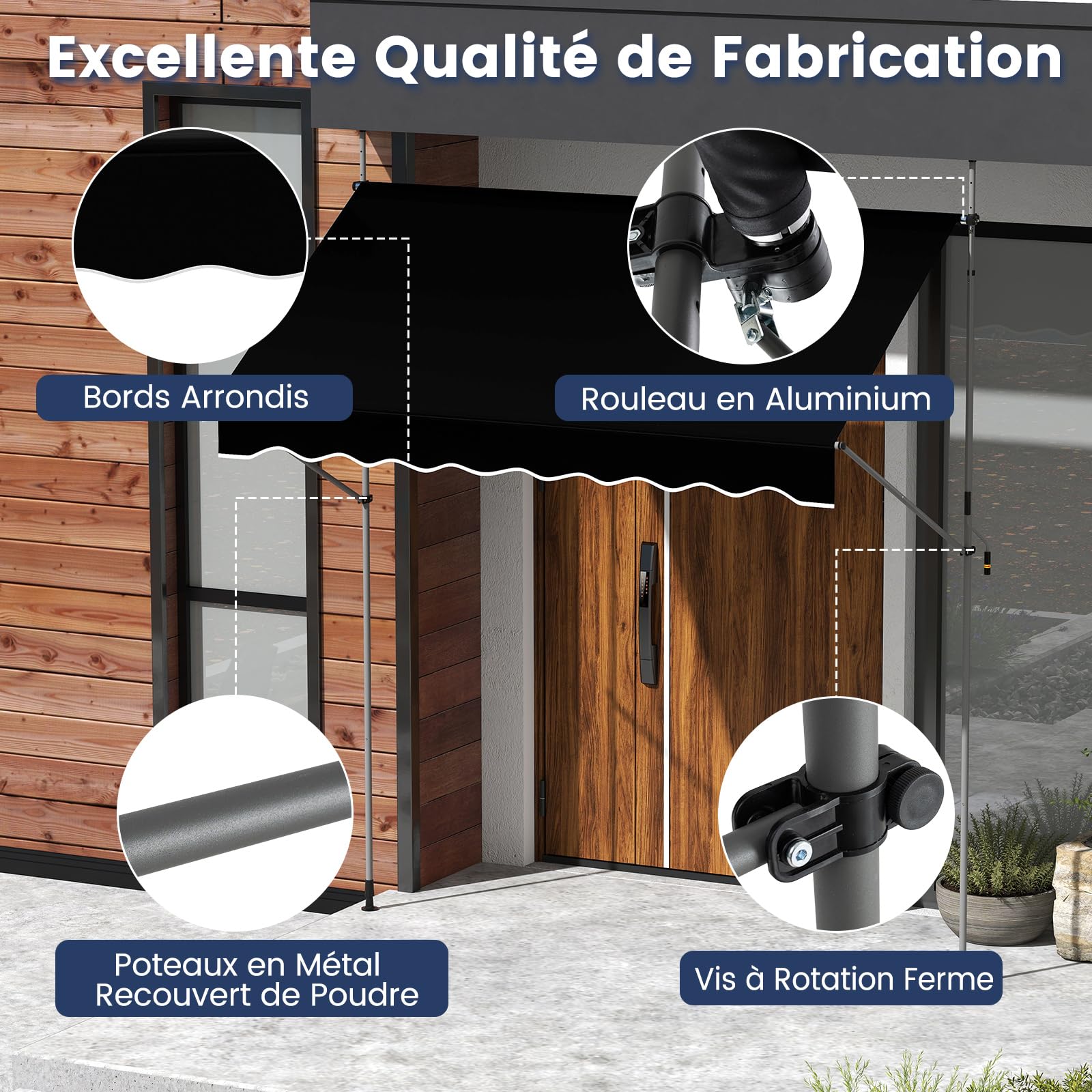 RELAX4LIFE Store Banne Manuel Rétractable avec Manivelle | Auvent Rétractable Résistant aux UV, Imperméable | Hauteur&Angle Réglable | Store Banne sans Percage pour Balcon, Terrasse (2,5x1,8 M,Noir)