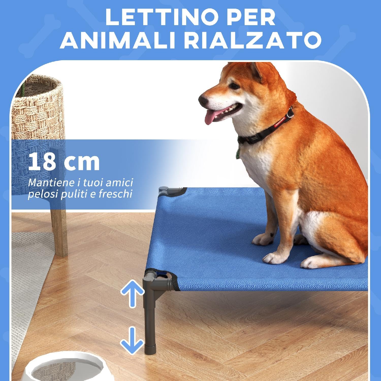 DecHome - Cuccia Lettino per Cani Rialzato Pieghevole per Interno ed Esterno in Metallo e Tessuto Oxford 76x61x18 cm Colore Blu