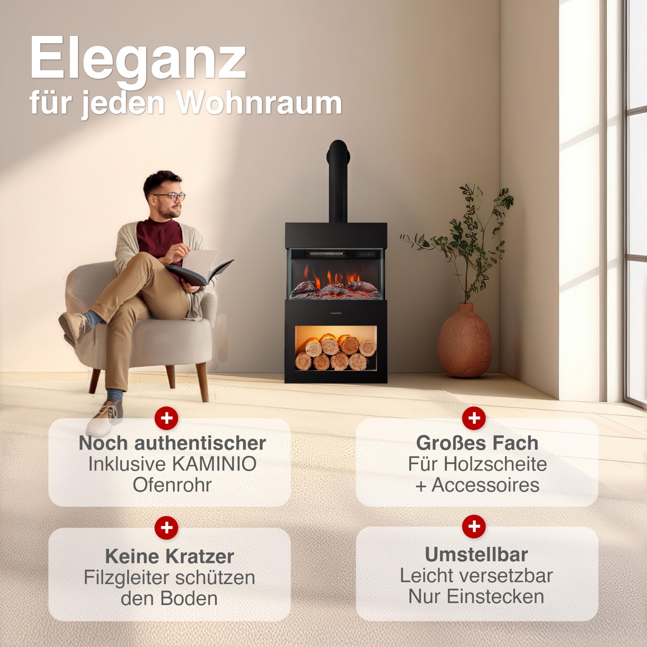 KAMINIO Elektrokamin Henri mit Ofenrohr - Elektrischer Kaminofen mit Heizung, 3D-Flammeneffekt, Holzfach, LED-Ambientelicht, Fernbedienung (Schwarz)