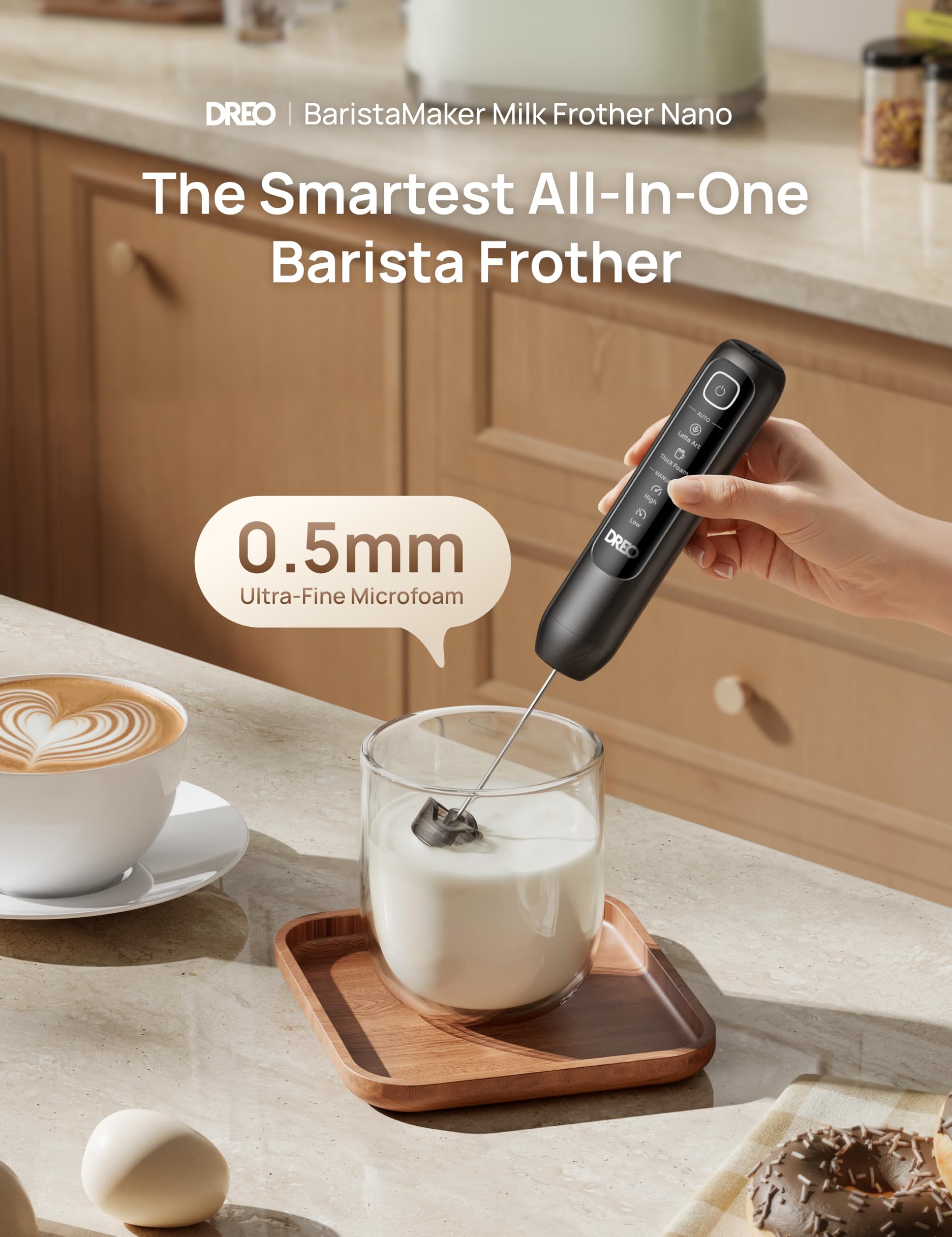 DREO Varita espumadora de leche ultrarrápida, espumador eléctrico recargable de mano con pantalla LED y 4 velocidades para microespuma de nivel de arte con leche, café, capuchino, más de 180 bebidas