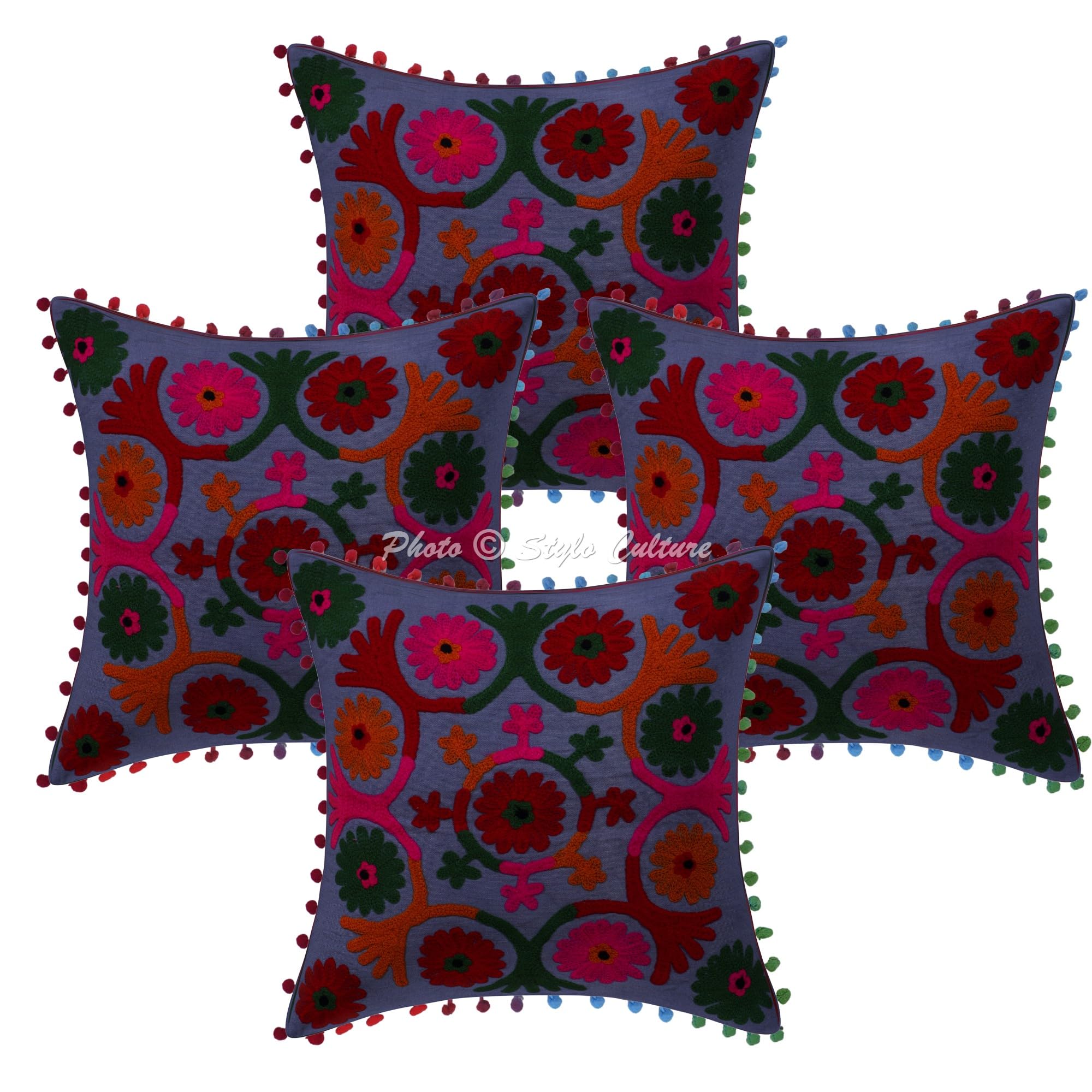 Indische Dekorativ Baumwolle Couch Kissenbezüge 40x40 cm Grau Dekokissen Suzani Bestickte Pom-Pom-Spitze Schlafzimmer Sofa Kissen Bezüge Blumen Quadrat Kissenhullen - 4 STK.