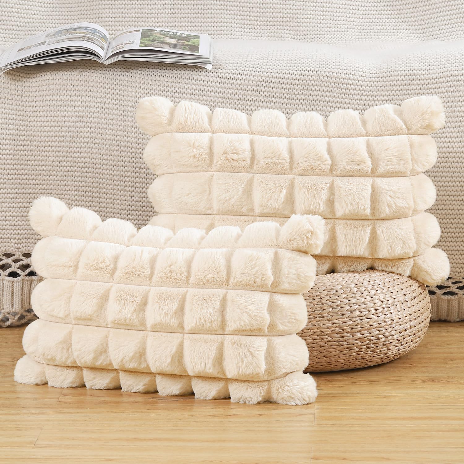 Madizz Faux Wool Beige Cushion Covers 12x20 Inch, 30x50 cm