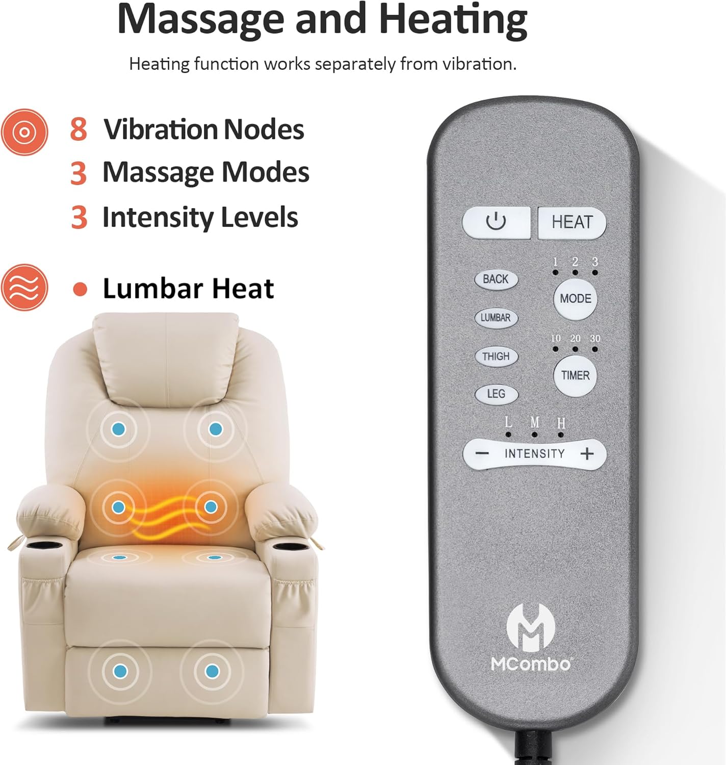 Remote control for massage and heating functions, showing controls for vibration nodes, massage modes, intensity levels, and lumbar heat.