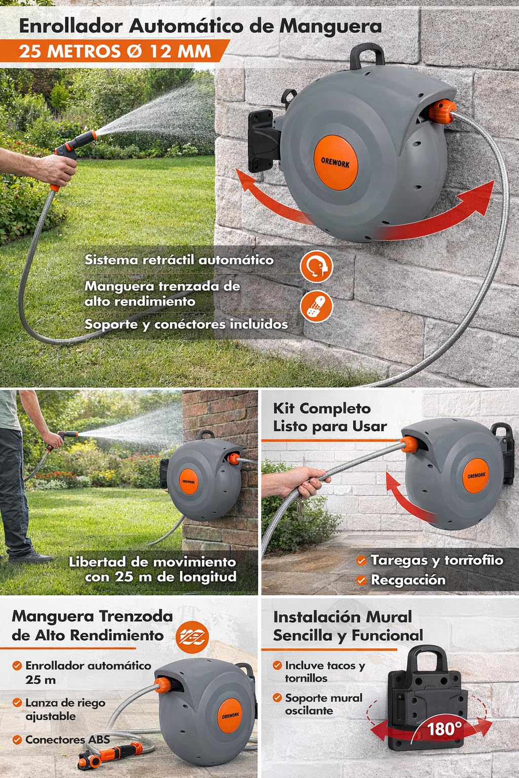 OREWORK Enrollador Automático de Manguera 25 m Ø 12 mm con Soporte de Pared, Lanza de Riego y Conectores ABS, Carcasa Compacta con Sistema Retráctil de Alta Resistencia