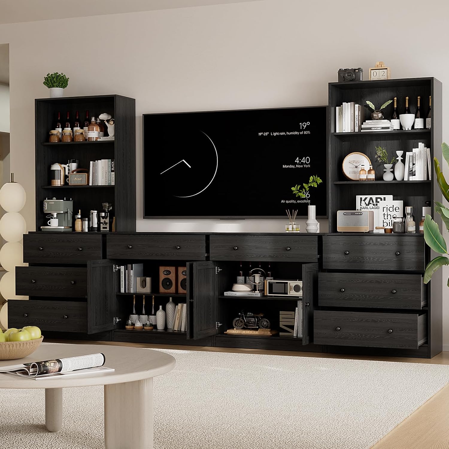 TUSY 71" Large TV Stand Set - TV Entertainment Center for TVs up to 65", Media Center with Tempered Glass Doors and Drawer, TV Hutch with Bookshelves for Living Room (Black, BEEB)