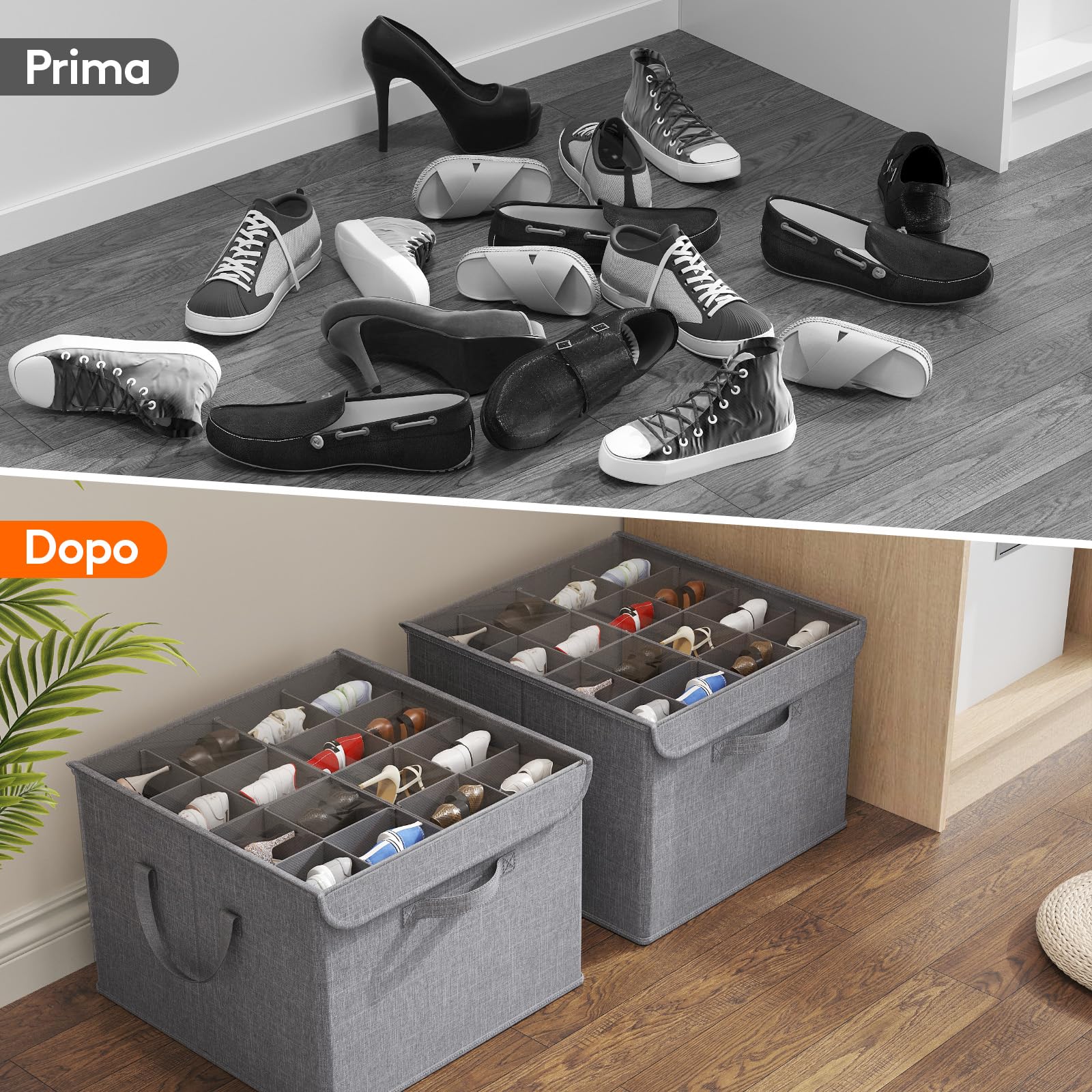 Lifewit Scatola Scarpiera da Armadio, Organizer Scarpe Pieghevole, Divisori Regolabili con Coperchio Trasparente, Porta Scarpe con Supporto Inferiore e Manici Rinforzati, Grigio, 4-16 Paia