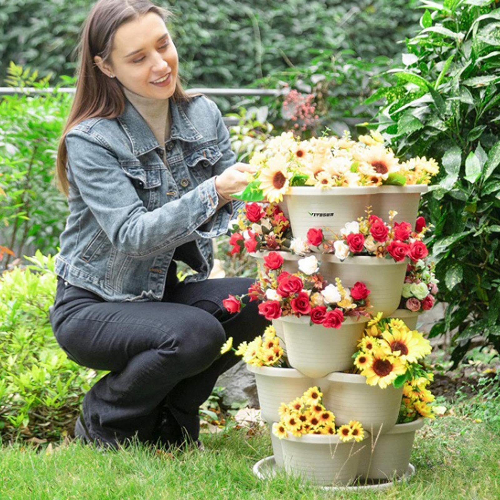 Fioriere Impilabili 5 Pezzi Vaso Rialzato Impilabile Modulare | Fioriera Verticale Rialzata per Aiuola da Giardino per Patio, Balcone, Giardino, Casa, Interno ed Esterno, Fiori e Verdure