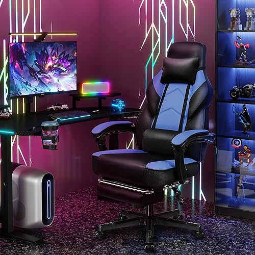 Vista 2 de Silla de juegos para adultos, sillas de juegos con reposapiés, silla ergonómica de videojuegos con masaje lumbar grande y alta silla de computadora