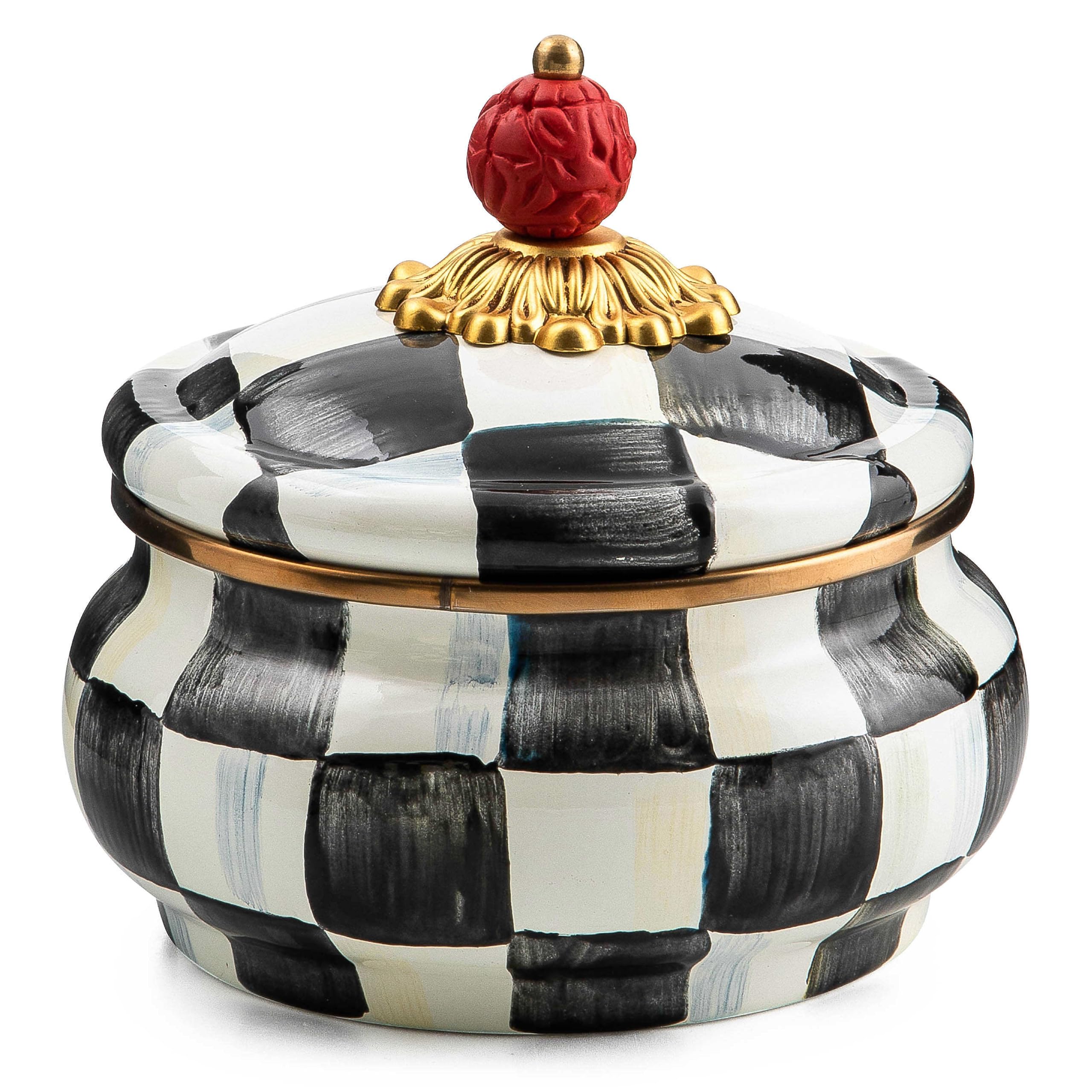 MACKENZIE-CHILDS Enamel Squashed Pot, Cute Enameled Container with Lid, 20 Ounces, Black-and-White Courtly Check