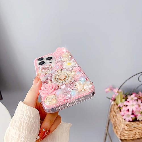 Miniatura 3 de Funda con diamantes de imitación para iPhone 15 Pro Max de 6.7 pulgadas, CuteGlitter Bling Bling Luxury 3D Stone Diamond Flower Rose Queen Soft TPU