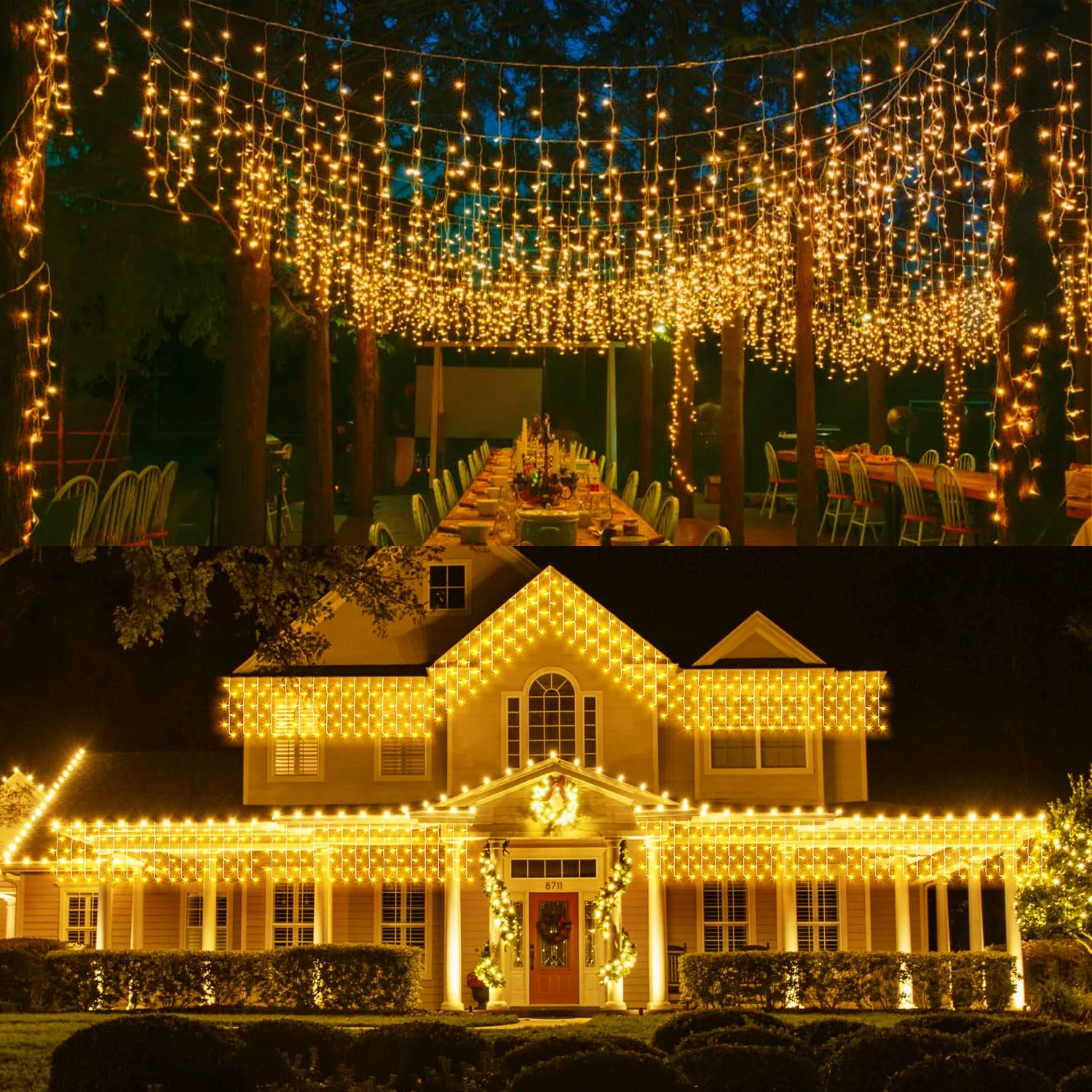 Quntis Erweiterbar 144 LED 4m×0,6m Lichtervorhang Eisregen Außen, IP44 Lichterkettenvorhang Warmweiß, Weihnachtsdeko Innen Fenster, Eiszapfen Regenlichterkette, Weihnachtsbeleuchtung Balkon Terrase