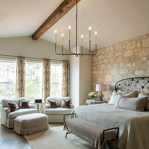 Miniatura 5 de Lámpara de araña negra y dorada, moderna lámpara de comedor de granja de 6 luces con cadena, accesorios de iluminación colgantes de metal, luces de