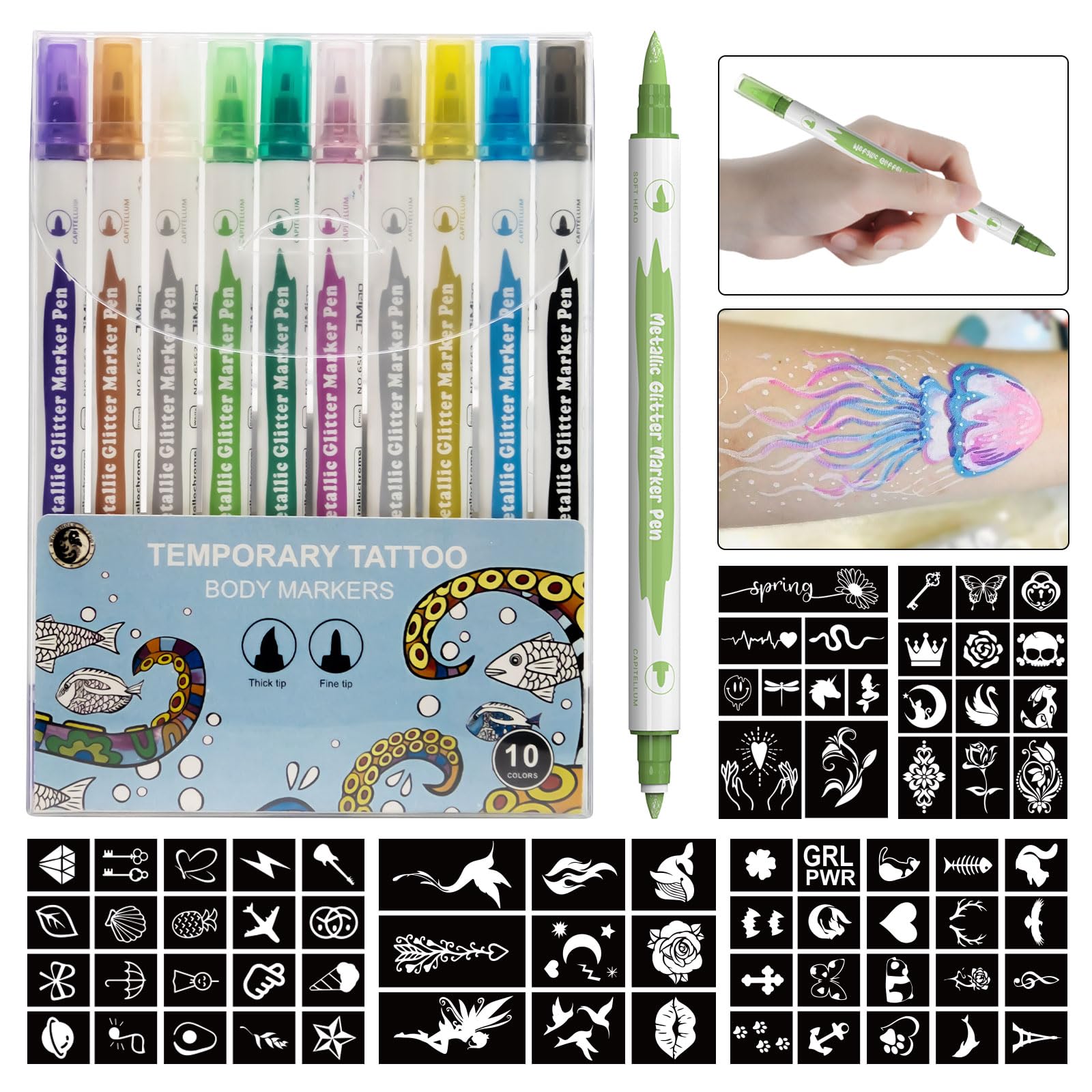 Wormhole Tattoo 10PCS Temporary Tattoo Markers Skin-Friendly, Dual-End, Tattoo Stencils for Body and Face, Easy to Use Art Markers Kit for Creative One - Vibrant/Multicolor/Assorted Inks